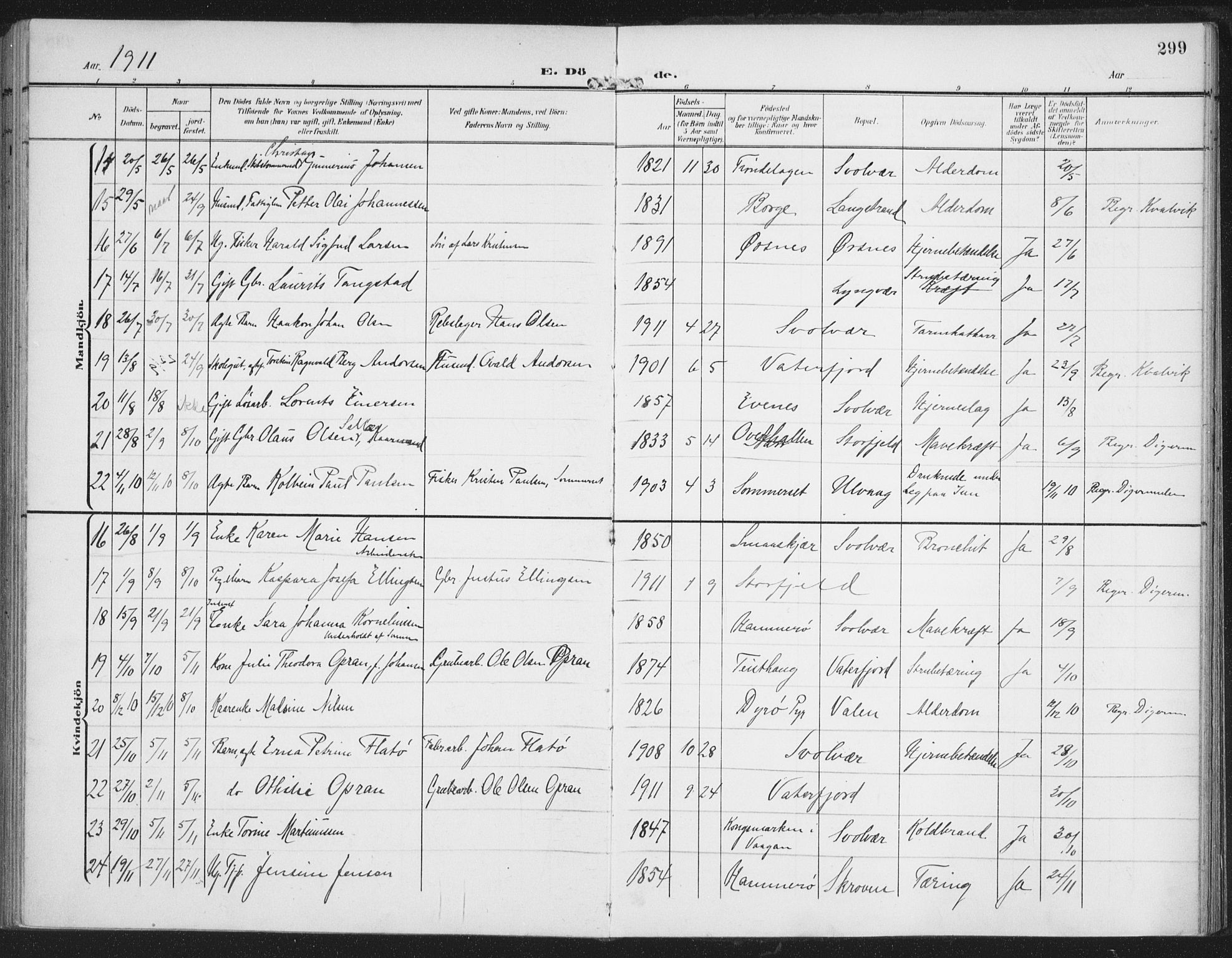 Ministerialprotokoller, klokkerbøker og fødselsregistre - Nordland, AV/SAT-A-1459/874/L1063: Parish register (official) no. 874A07, 1907-1915, p. 299