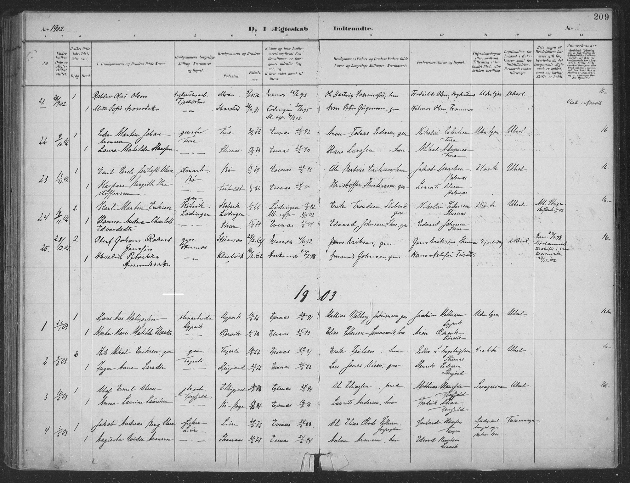 Ministerialprotokoller, klokkerbøker og fødselsregistre - Nordland, SAT/A-1459/863/L0899: Parish register (official) no. 863A11, 1897-1906, p. 209