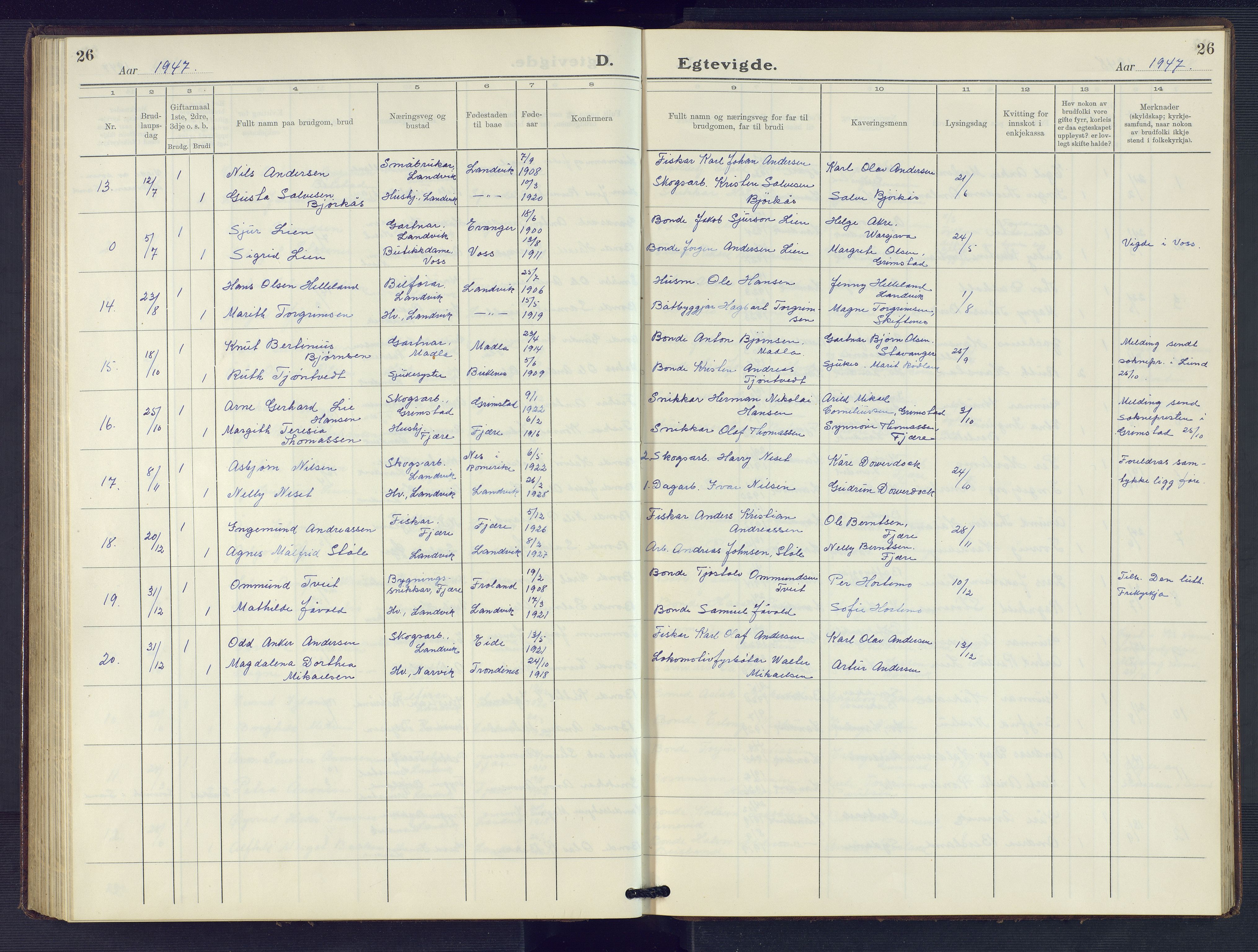 Hommedal sokneprestkontor, AV/SAK-1111-0023/F/Fb/Fbb/L0009: Parish register (copy) no. B 9, 1929-1953, p. 26