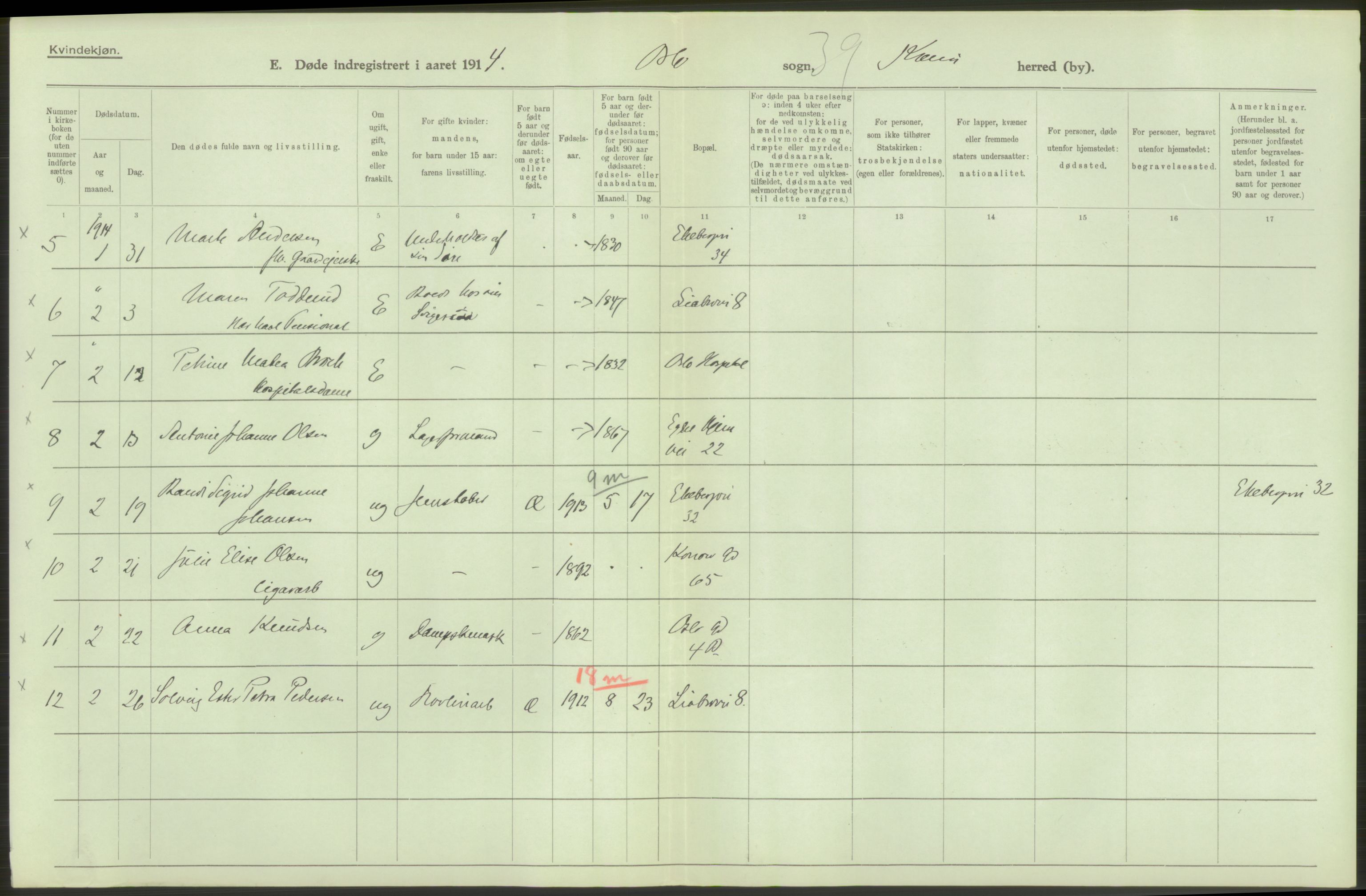 Statistisk sentralbyrå, Sosiodemografiske emner, Befolkning, AV/RA-S-2228/D/Df/Dfb/Dfbd/L0008: Kristiania: Døde, 1914, p. 164