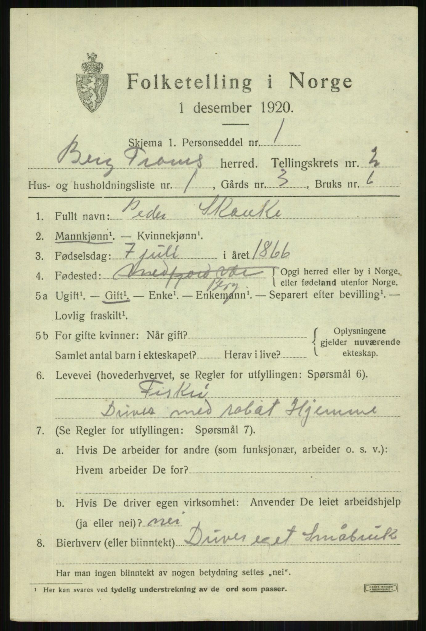 SATØ, 1920 census for Berg, 1920, p. 823