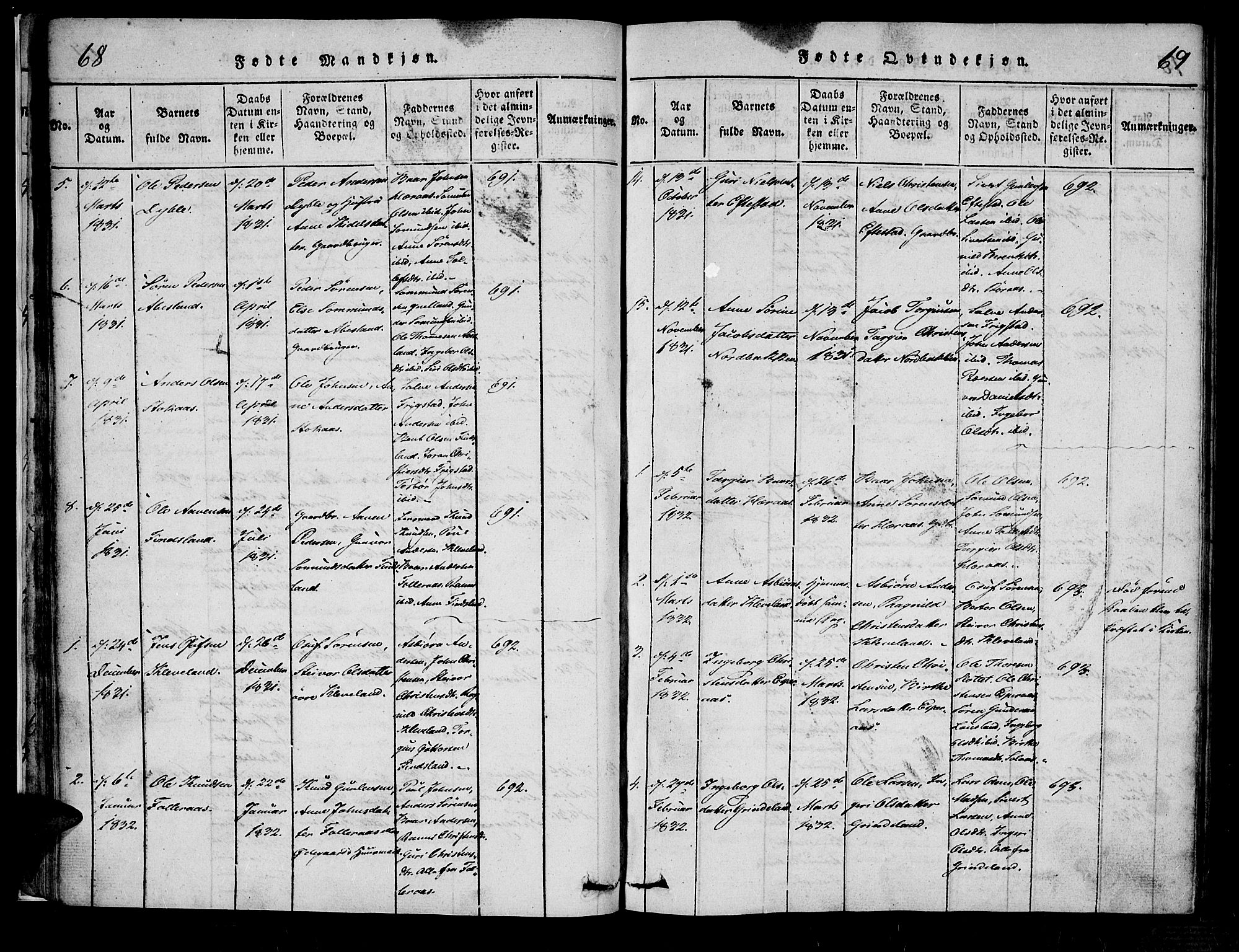 Bjelland sokneprestkontor, SAK/1111-0005/F/Fa/Fab/L0002: Parish register (official) no. A 2, 1816-1869, p. 68-69