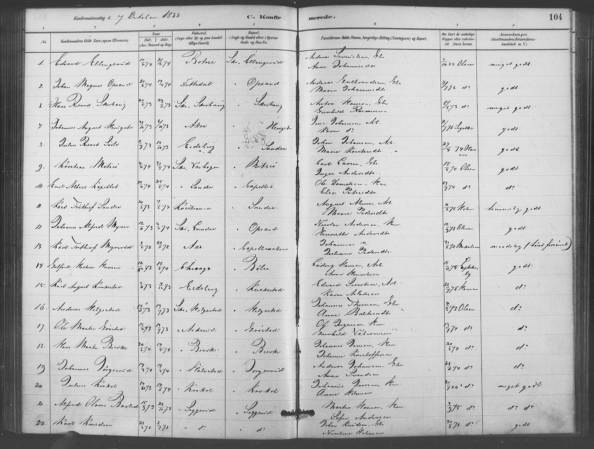 Kråkstad prestekontor Kirkebøker, AV/SAO-A-10125a/F/Fb/L0001: Parish register (official) no. II 1, 1880-1892, p. 104