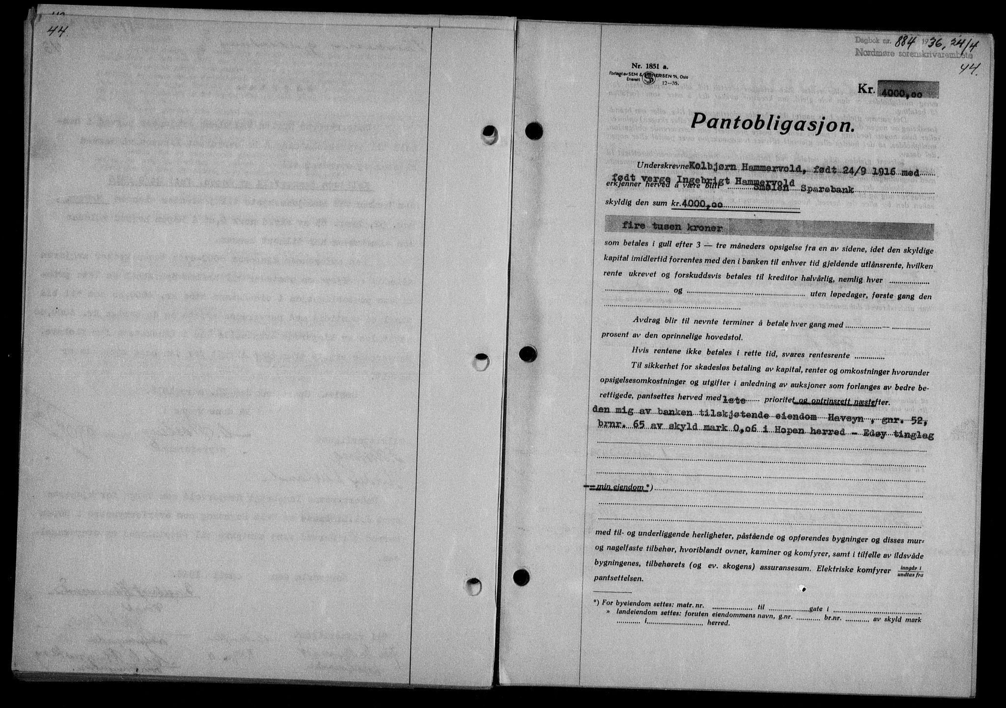 Nordmøre sorenskriveri, AV/SAT-A-4132/1/2/2Ca/L0088: Mortgage book no. 78, 1936-1936, Diary no: : 884/1936