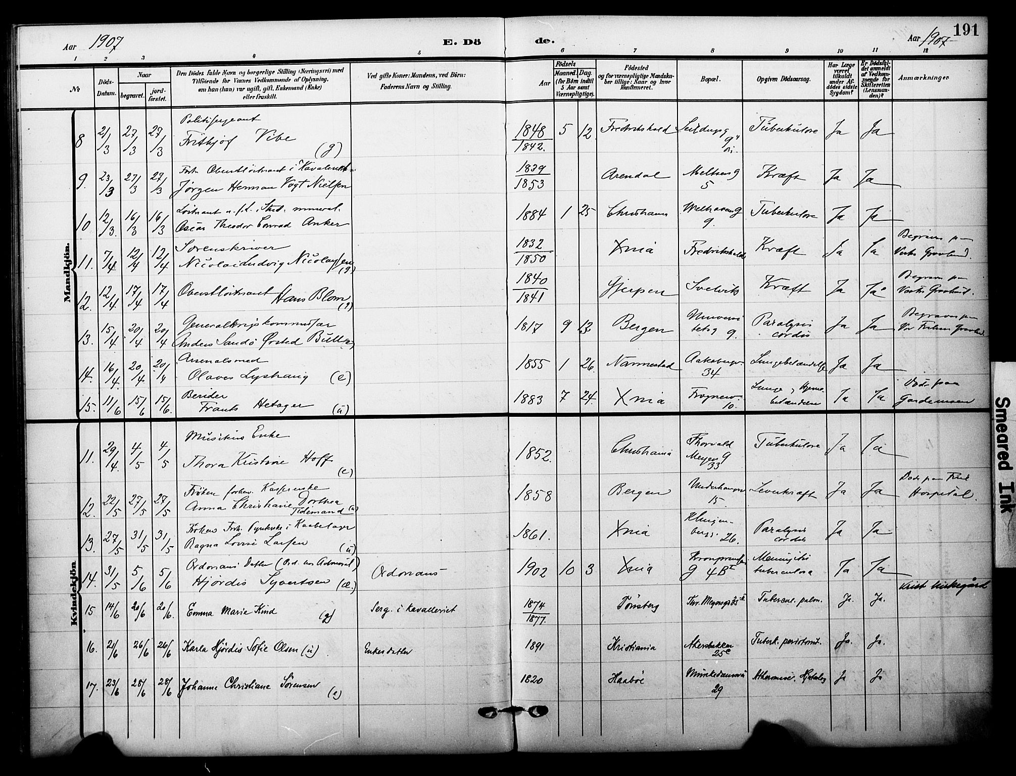 Garnisonsmenigheten Kirkebøker, AV/SAO-A-10846/F/Fa/L0014: Parish register (official) no. 14, 1905-1914, p. 191
