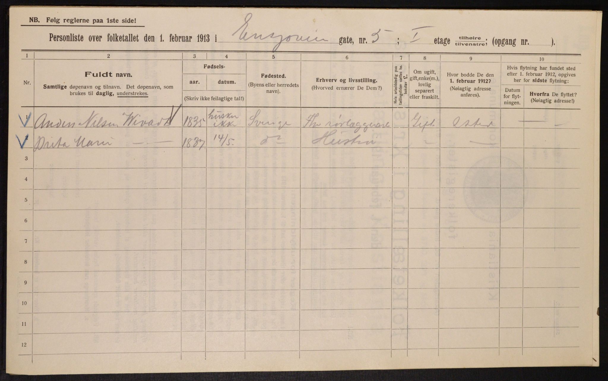 OBA, Municipal Census 1913 for Kristiania, 1913, p. 22050