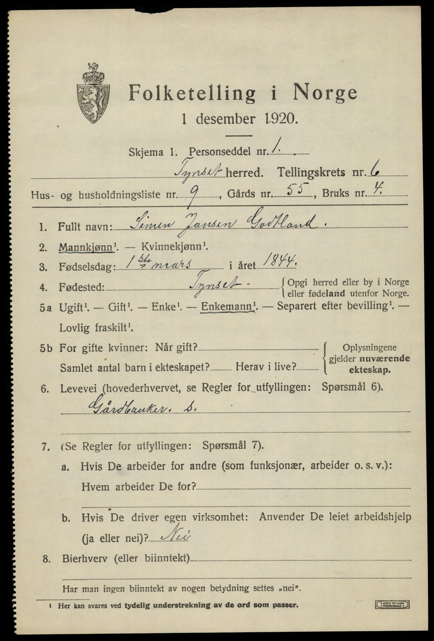 SAH, 1920 census for Tynset, 1920, p. 5622