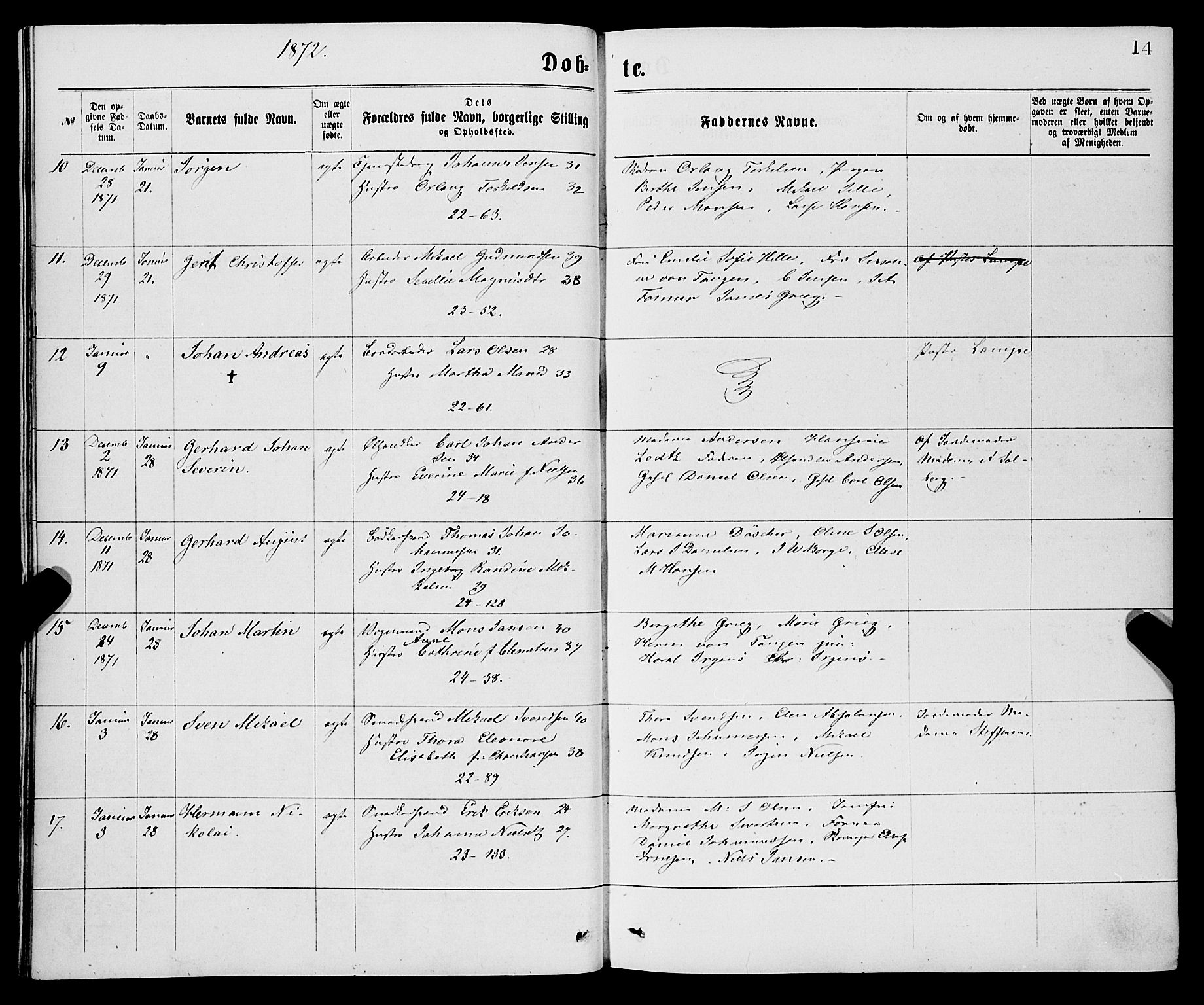 Korskirken sokneprestembete, SAB/A-76101/H/Haa/L0020: Parish register (official) no. B 6, 1871-1878, p. 14