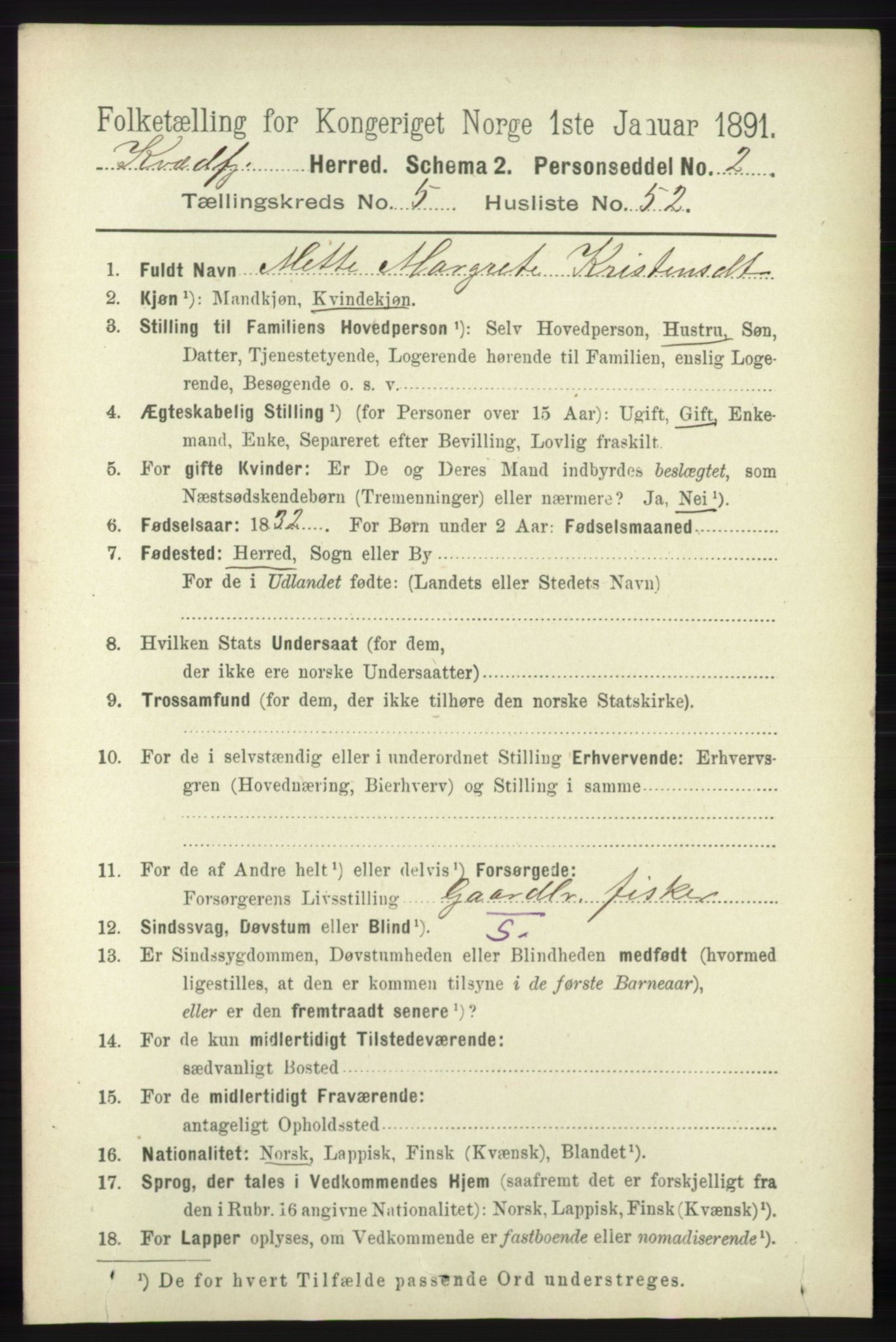 RA, 1891 census for 1911 Kvæfjord, 1891, p. 3162