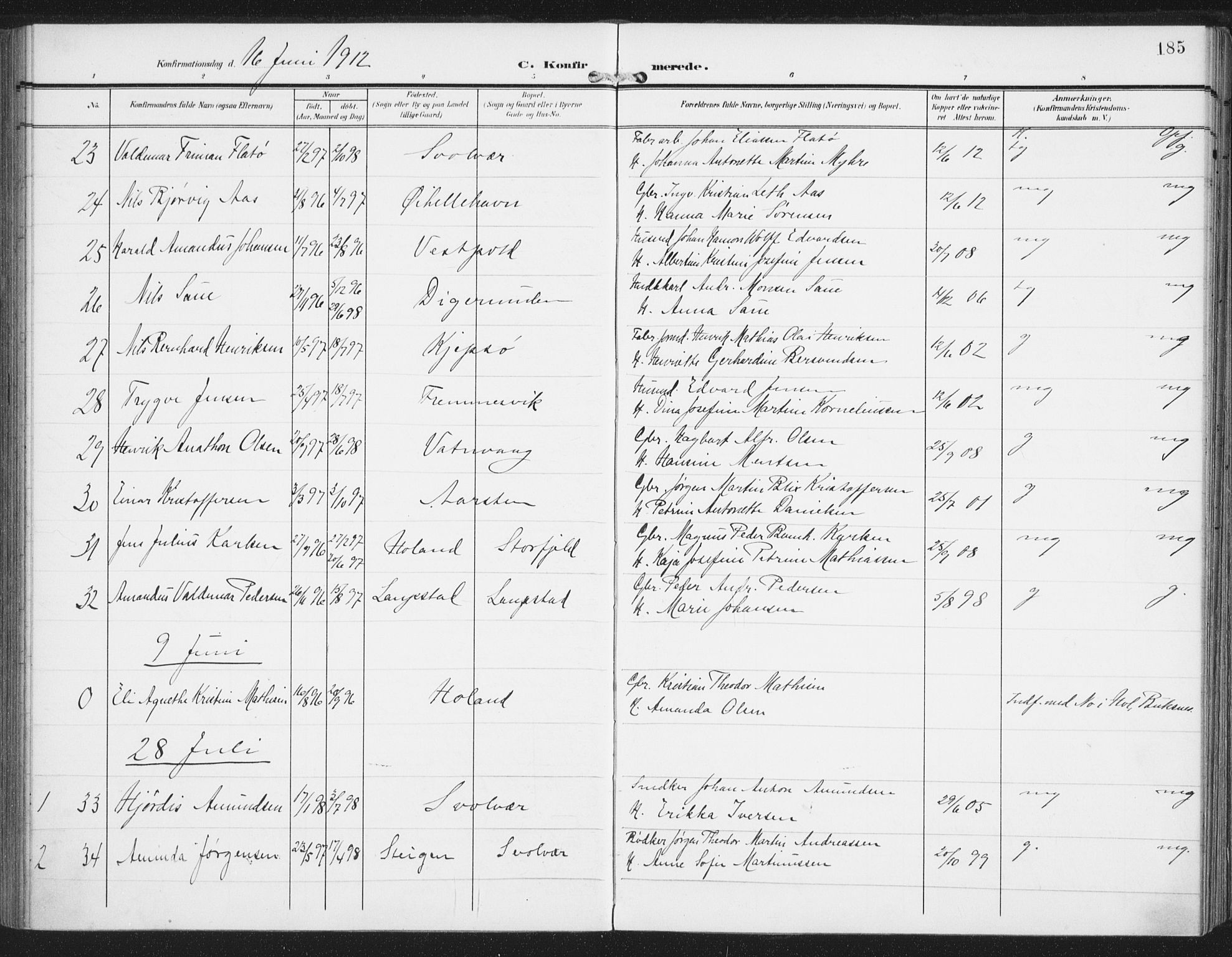 Ministerialprotokoller, klokkerbøker og fødselsregistre - Nordland, AV/SAT-A-1459/874/L1063: Parish register (official) no. 874A07, 1907-1915, p. 185