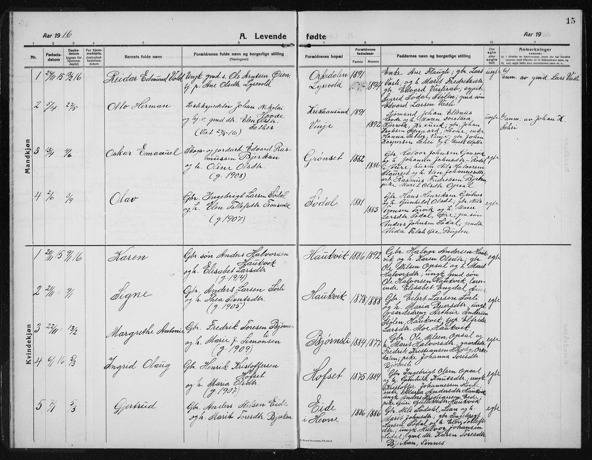 Ministerialprotokoller, klokkerbøker og fødselsregistre - Sør-Trøndelag, AV/SAT-A-1456/631/L0515: Parish register (copy) no. 631C03, 1913-1939, p. 15