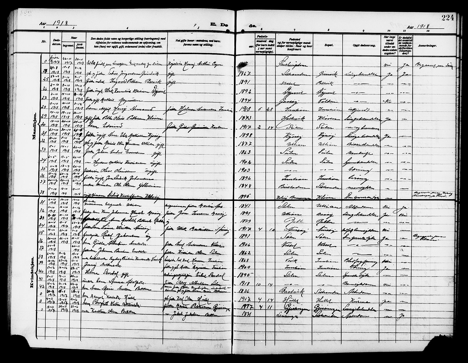 Ministerialprotokoller, klokkerbøker og fødselsregistre - Sør-Trøndelag, SAT/A-1456/640/L0588: Parish register (copy) no. 640C05, 1909-1922, p. 224