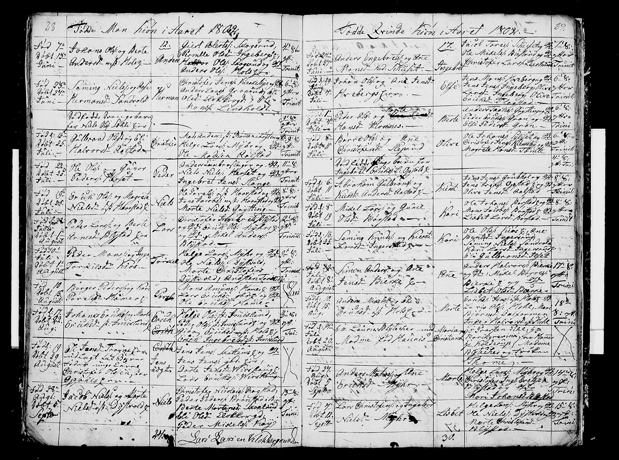 Vang prestekontor, Hedmark, AV/SAH-PREST-008/H/Ha/Hab/L0002: Parish register (copy) no. 2, 1797-1803, p. 38-39