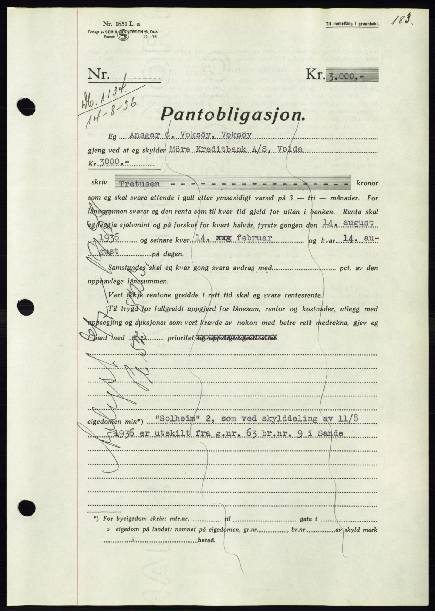 Søre Sunnmøre sorenskriveri, AV/SAT-A-4122/1/2/2C/L0061: Mortgage book no. 55, 1936-1936, Diary no: : 1134/1936