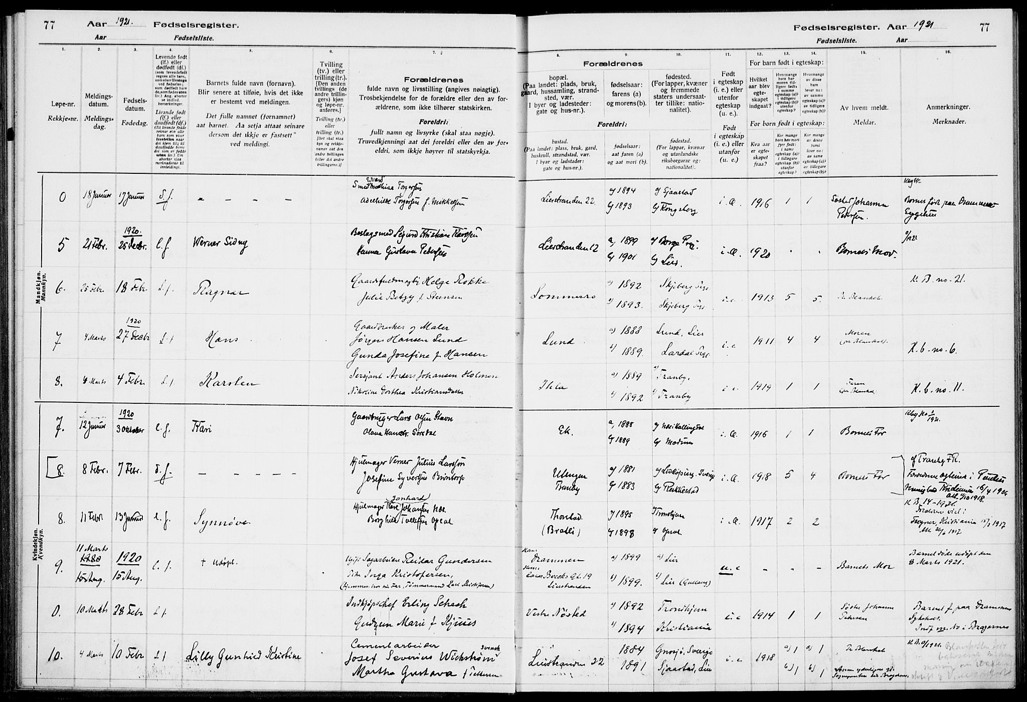 Lier kirkebøker, AV/SAKO-A-230/J/Ja/L0001: Birth register no. 1, 1916-1928, p. 77