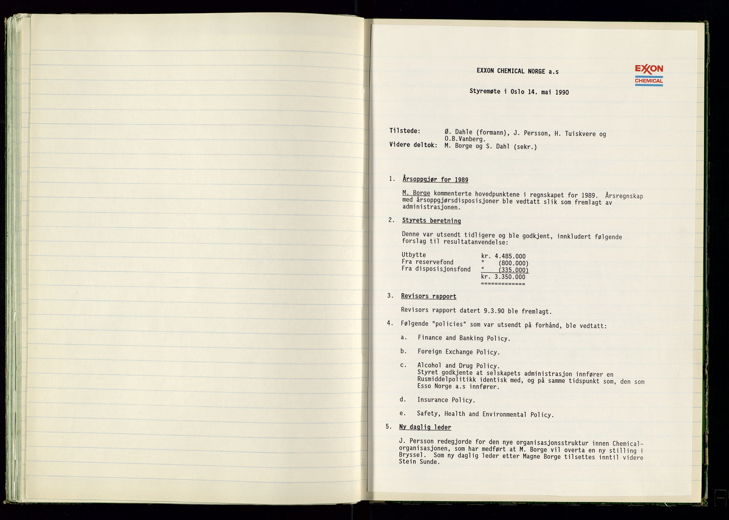 PA 1538 - Exxon Chemical Norge A/S, SAST/A-101958/A/Aa/L0001/0001: Generalforsamlinger og styreprotokoller / Styreprotokoll, 1966-1996