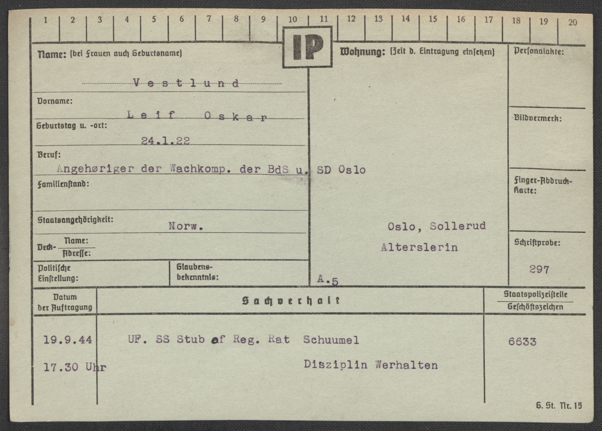 Befehlshaber der Sicherheitspolizei und des SD, AV/RA-RAFA-5969/E/Ea/Eaa/L0010: Register over norske fanger i Møllergata 19: Sø-Å, 1940-1945, p. 766