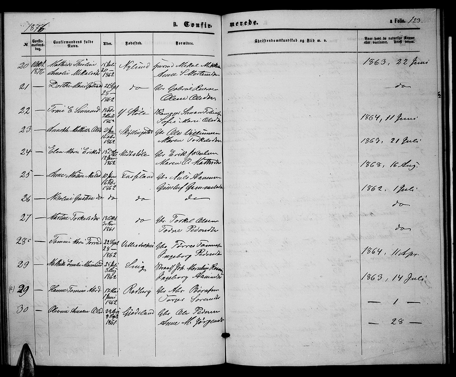 Sør-Audnedal sokneprestkontor, AV/SAK-1111-0039/F/Fb/Fbb/L0004: Parish register (copy) no. B 4, 1868-1879, p. 123