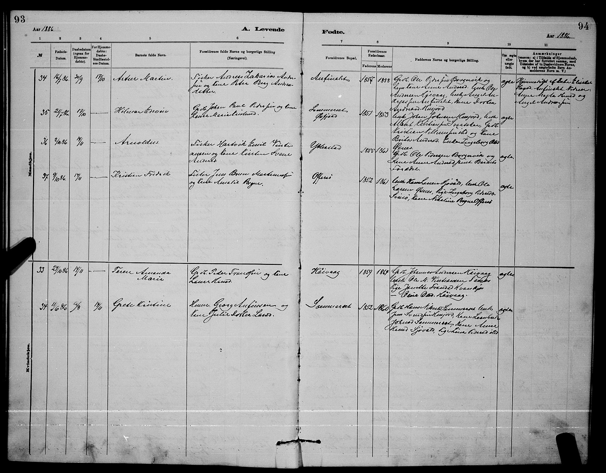 Ministerialprotokoller, klokkerbøker og fødselsregistre - Nordland, AV/SAT-A-1459/872/L1047: Parish register (copy) no. 872C03, 1880-1897, p. 93-94