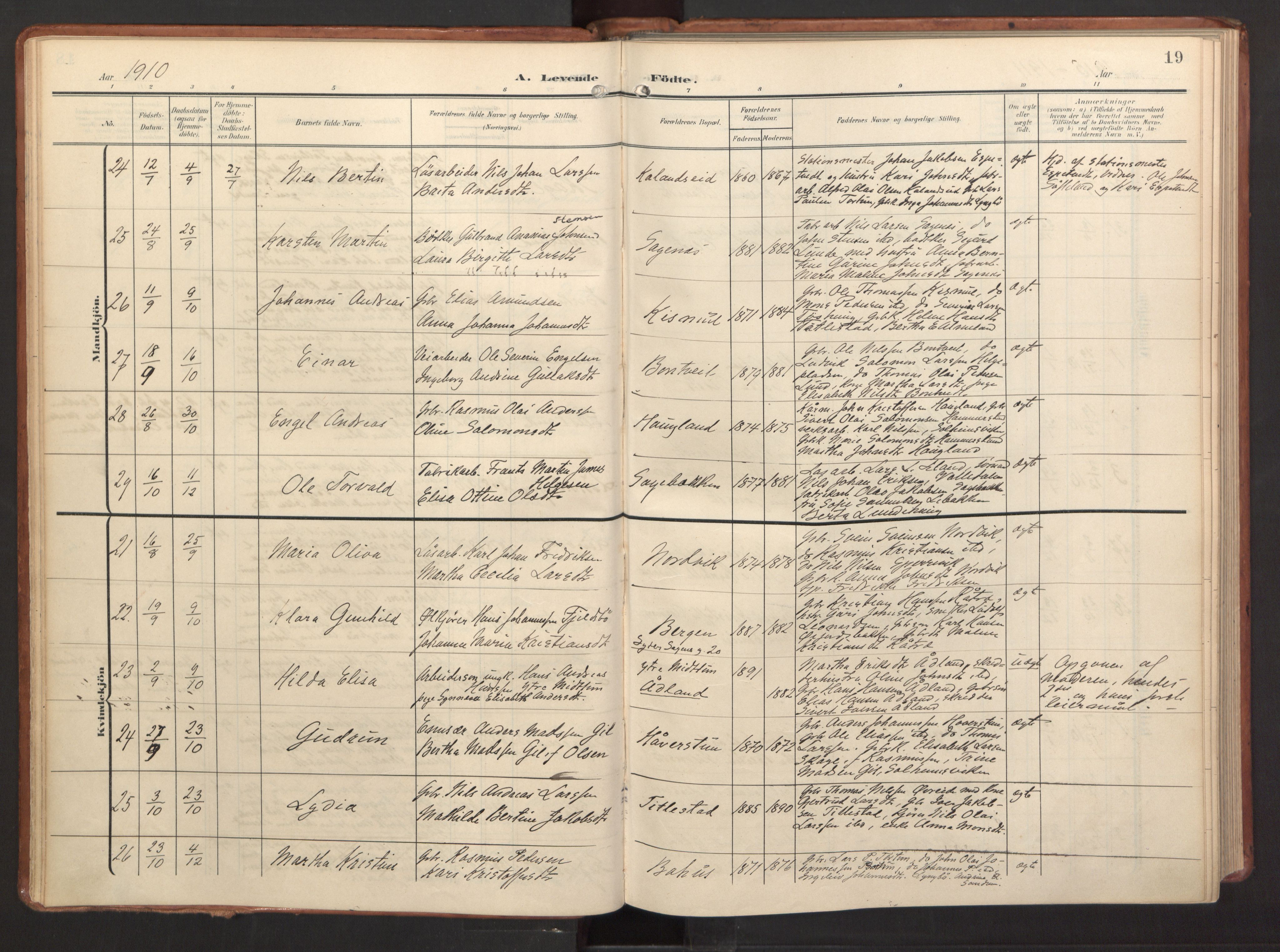 Fana Sokneprestembete, AV/SAB-A-75101/H/Haa/Haab/L0004: Parish register (official) no. B 4, 1908-1915, p. 19