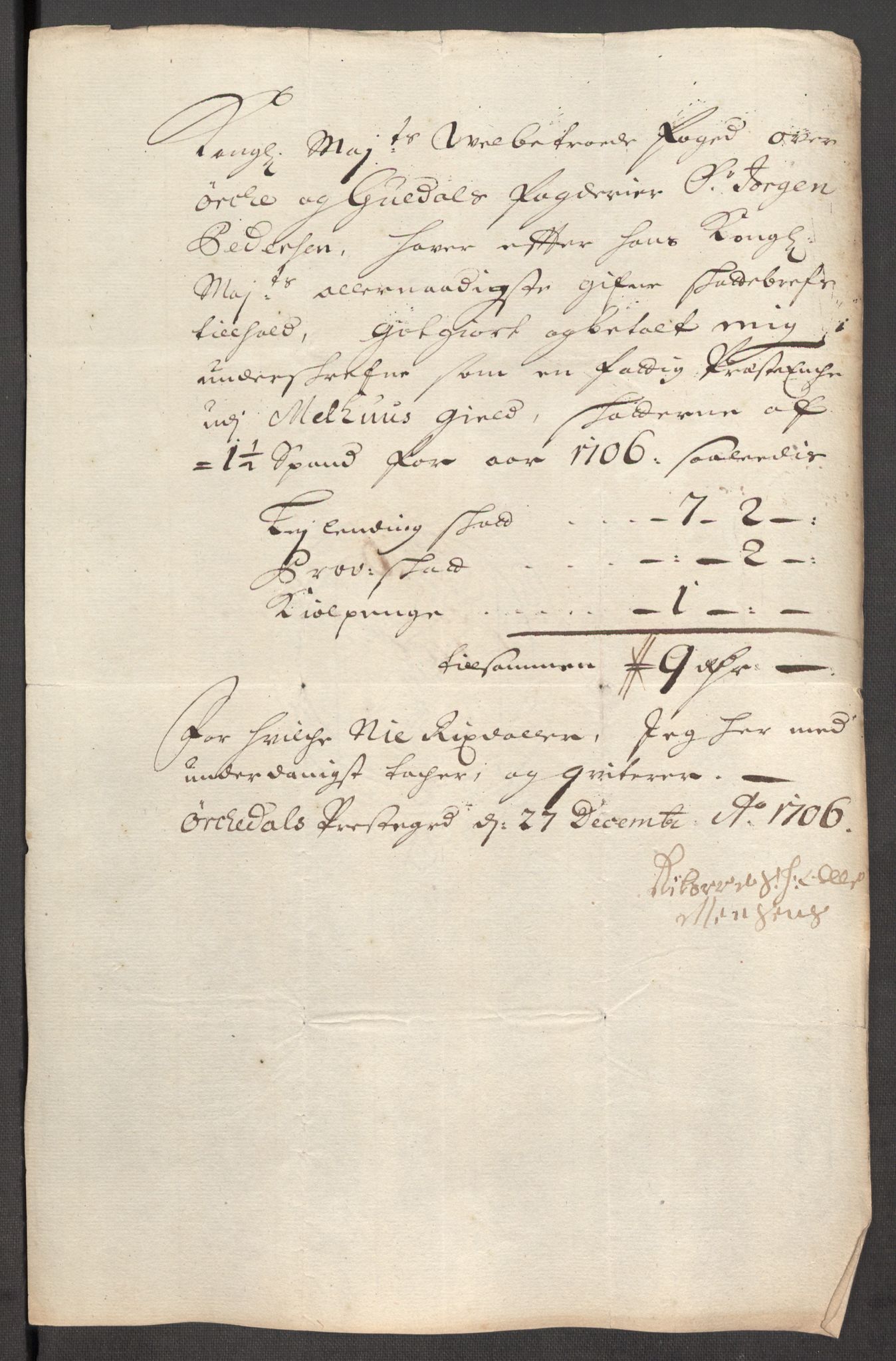 Rentekammeret inntil 1814, Reviderte regnskaper, Fogderegnskap, AV/RA-EA-4092/R60/L3956: Fogderegnskap Orkdal og Gauldal, 1706, p. 341