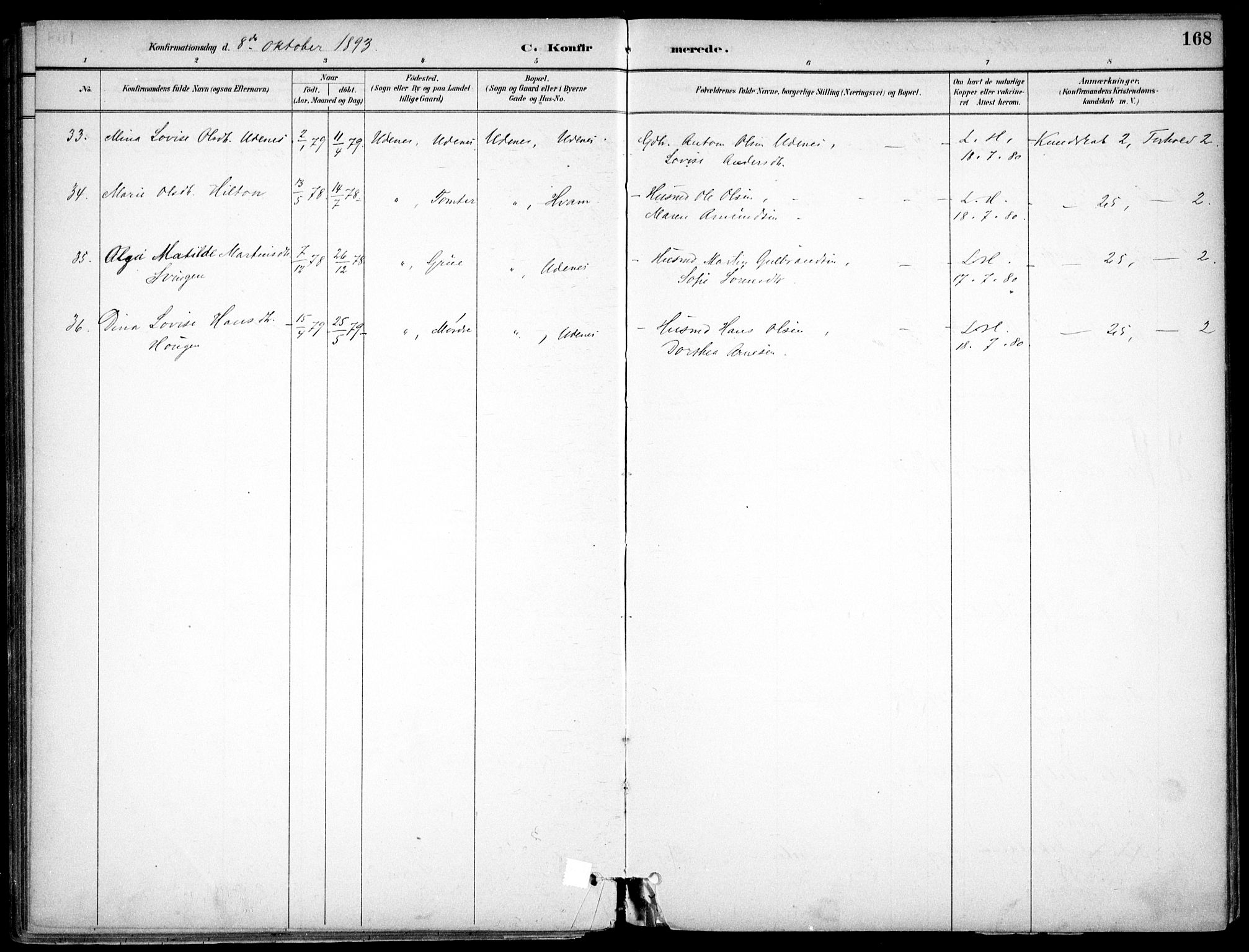 Nes prestekontor Kirkebøker, AV/SAO-A-10410/F/Fc/L0002: Parish register (official) no. IIi 2, 1882-1916, p. 168