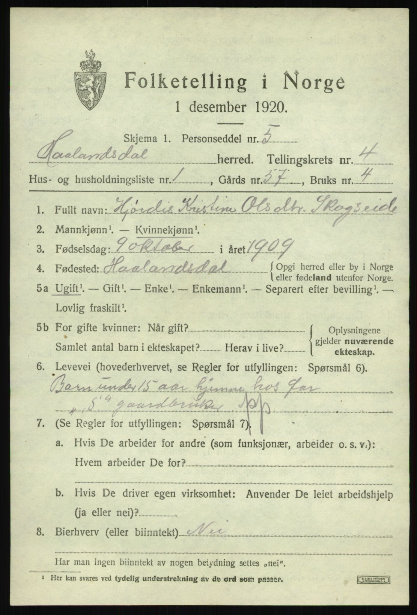 SAB, 1920 census for Hålandsdal, 1920, p. 836