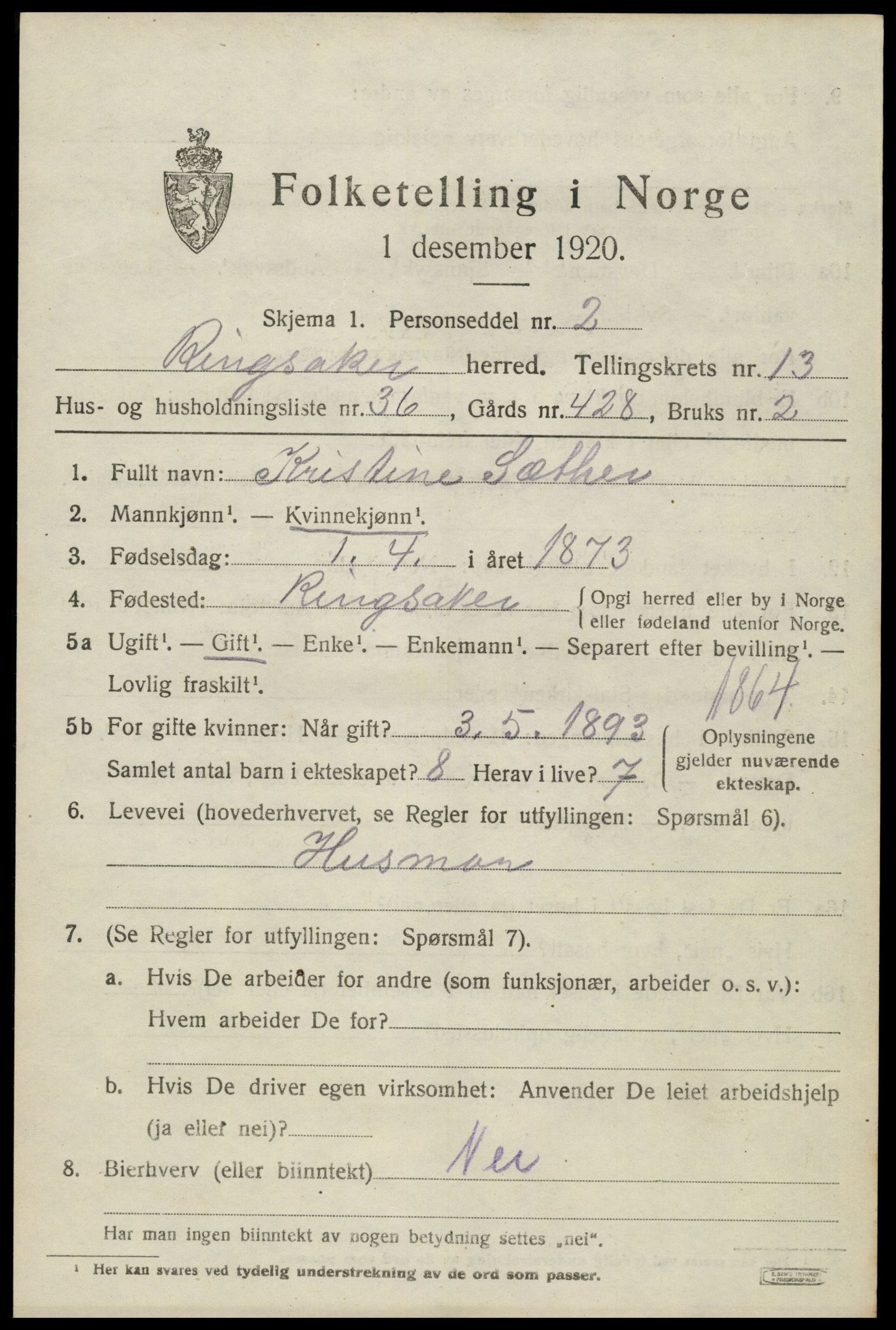 SAH, 1920 census for Ringsaker, 1920, p. 21122