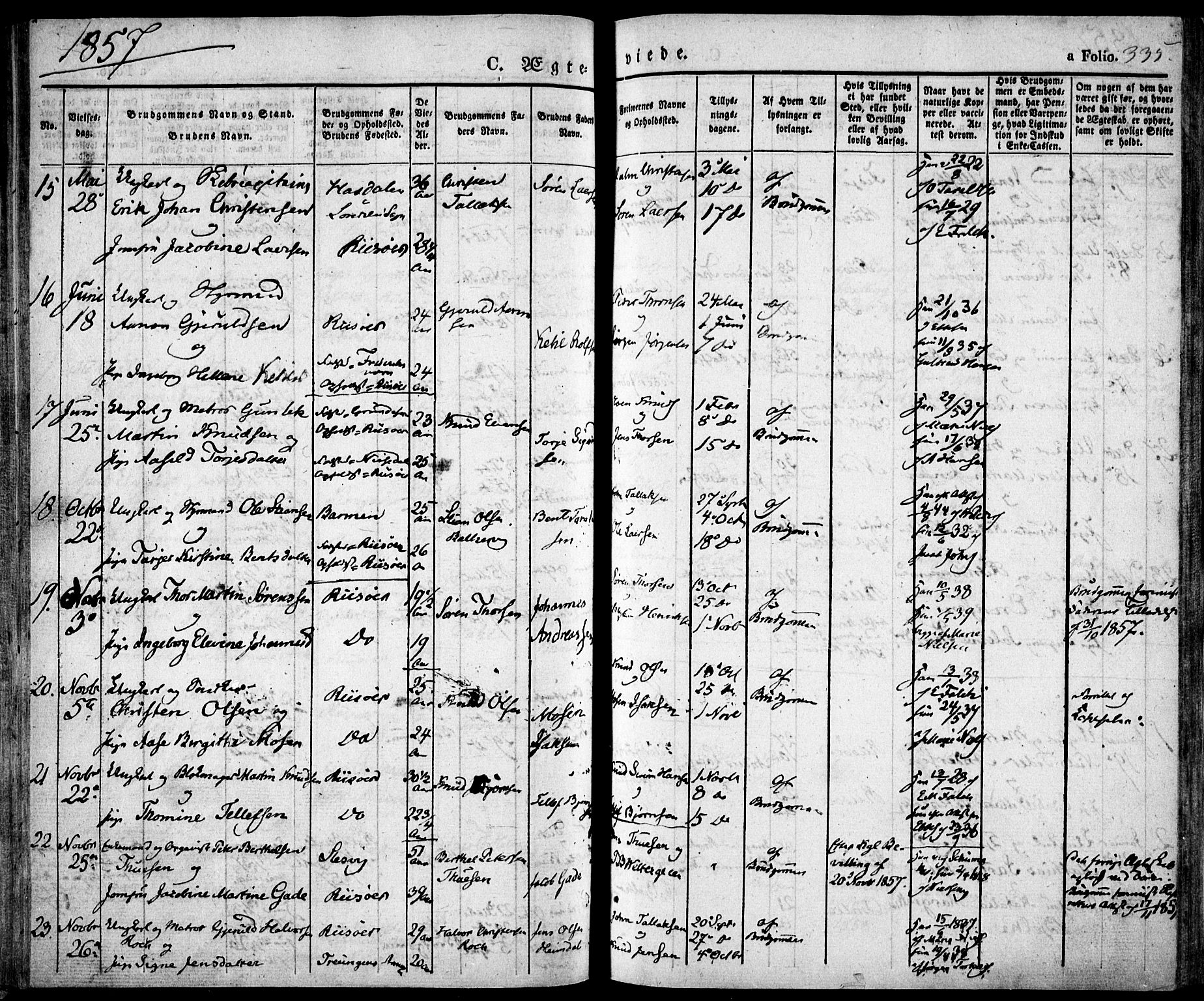 Risør sokneprestkontor, AV/SAK-1111-0035/F/Fa/L0003: Parish register (official) no. A 3, 1838-1864, p. 335