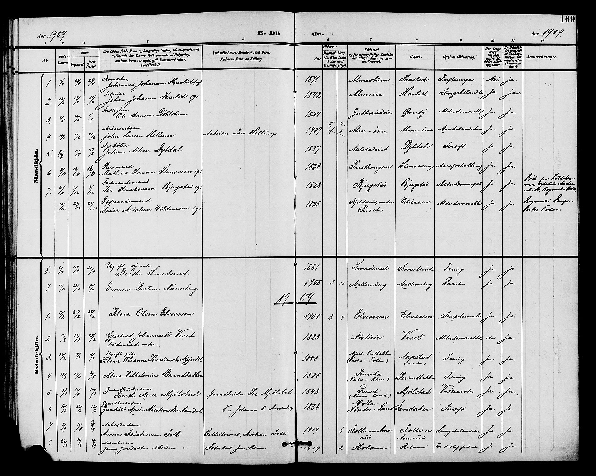 Vardal prestekontor, SAH/PREST-100/H/Ha/Hab/L0011: Parish register (copy) no. 11, 1899-1913, p. 169