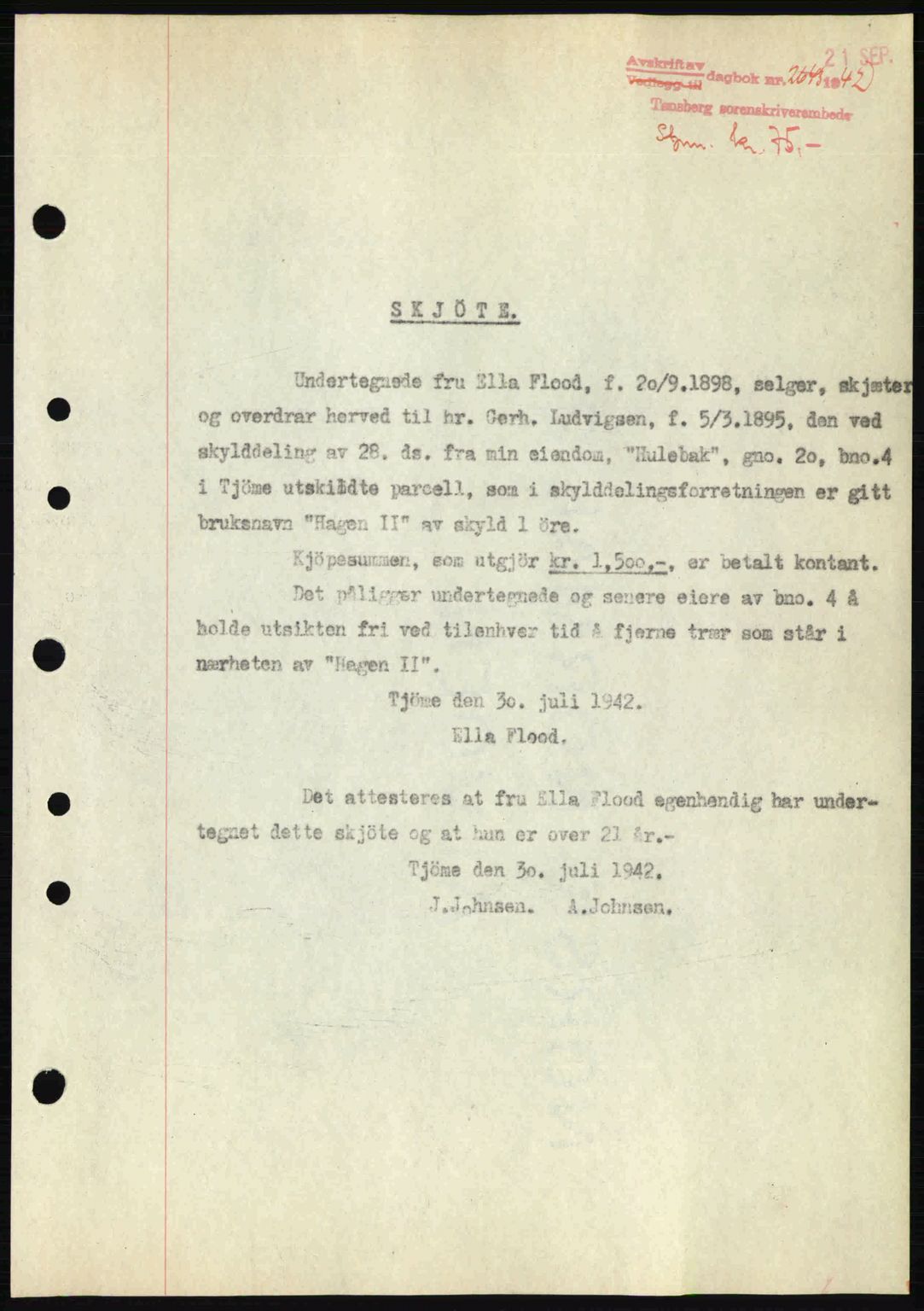 Tønsberg sorenskriveri, AV/SAKO-A-130/G/Ga/Gaa/L0012: Mortgage book no. A12, 1942-1943, Diary no: : 2643/1942