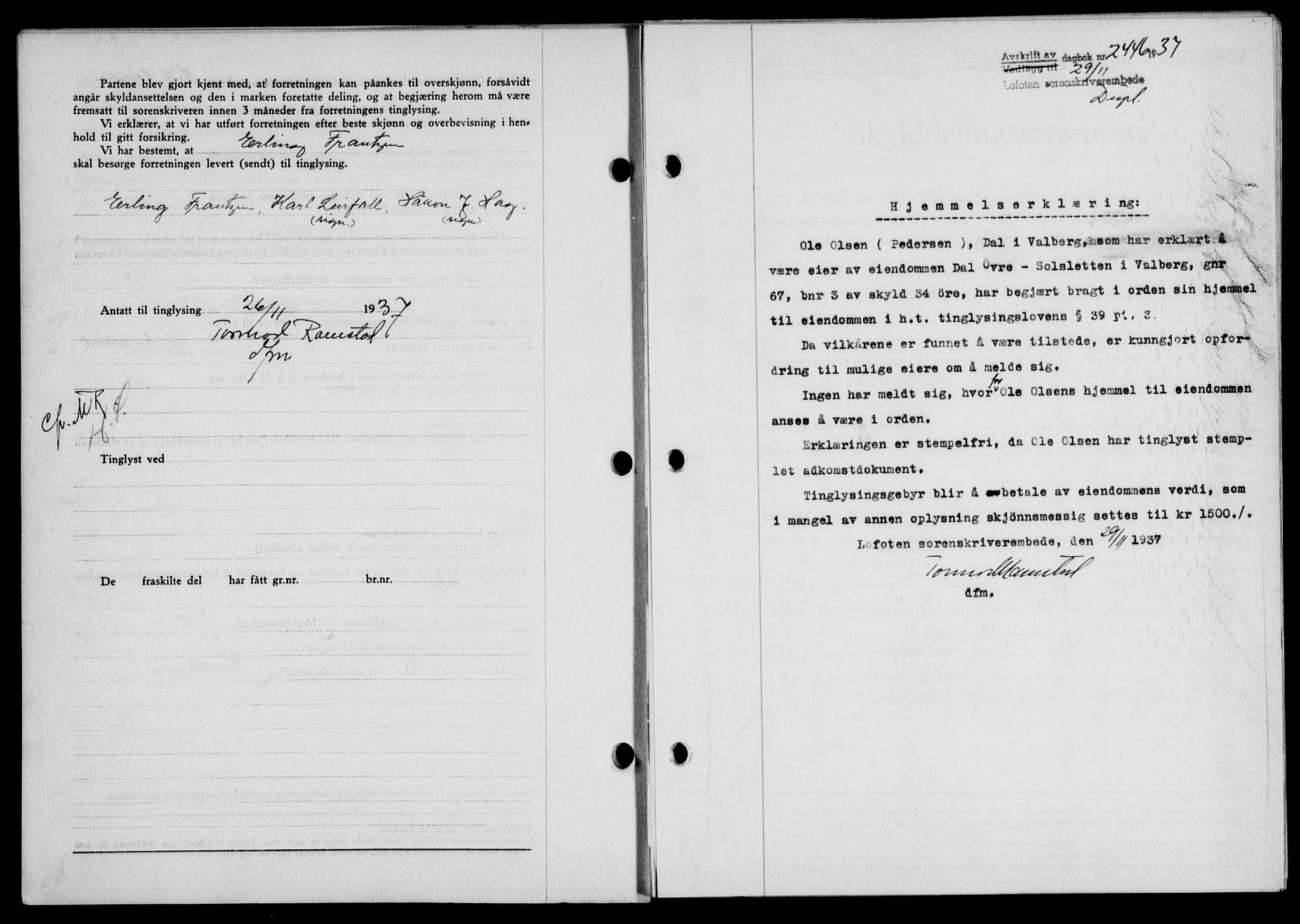 Lofoten sorenskriveri, SAT/A-0017/1/2/2C/L0003a: Mortgage book no. 3a, 1937-1938, Diary no: : 2446/1937