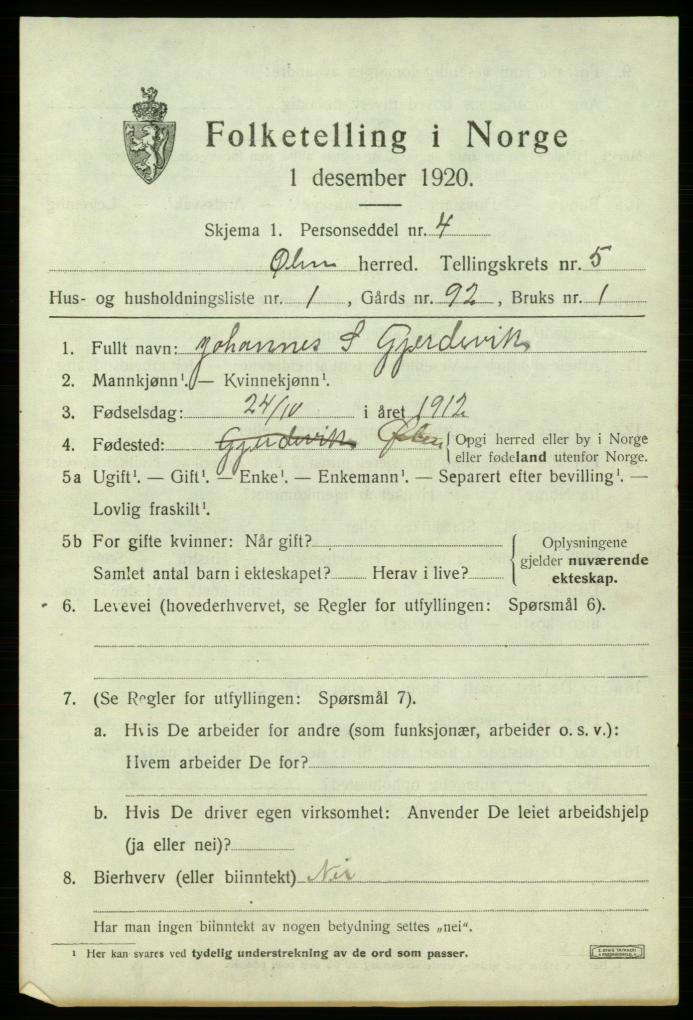 SAB, 1920 census for Ølen, 1920, p. 2325