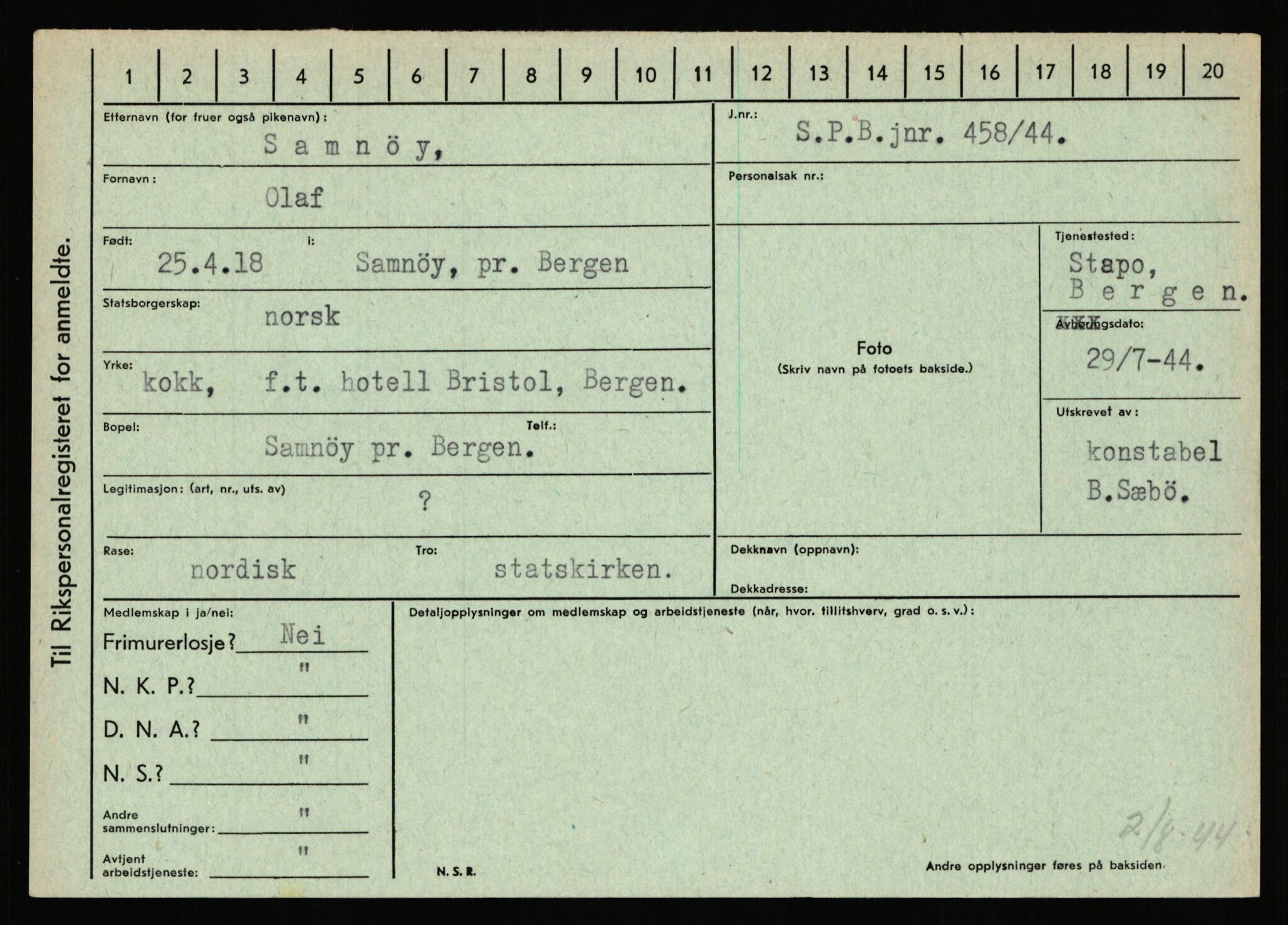 Statspolitiet - Hovedkontoret / Osloavdelingen, AV/RA-S-1329/C/Ca/L0013: Raa - Servold, 1943-1945, p. 3452