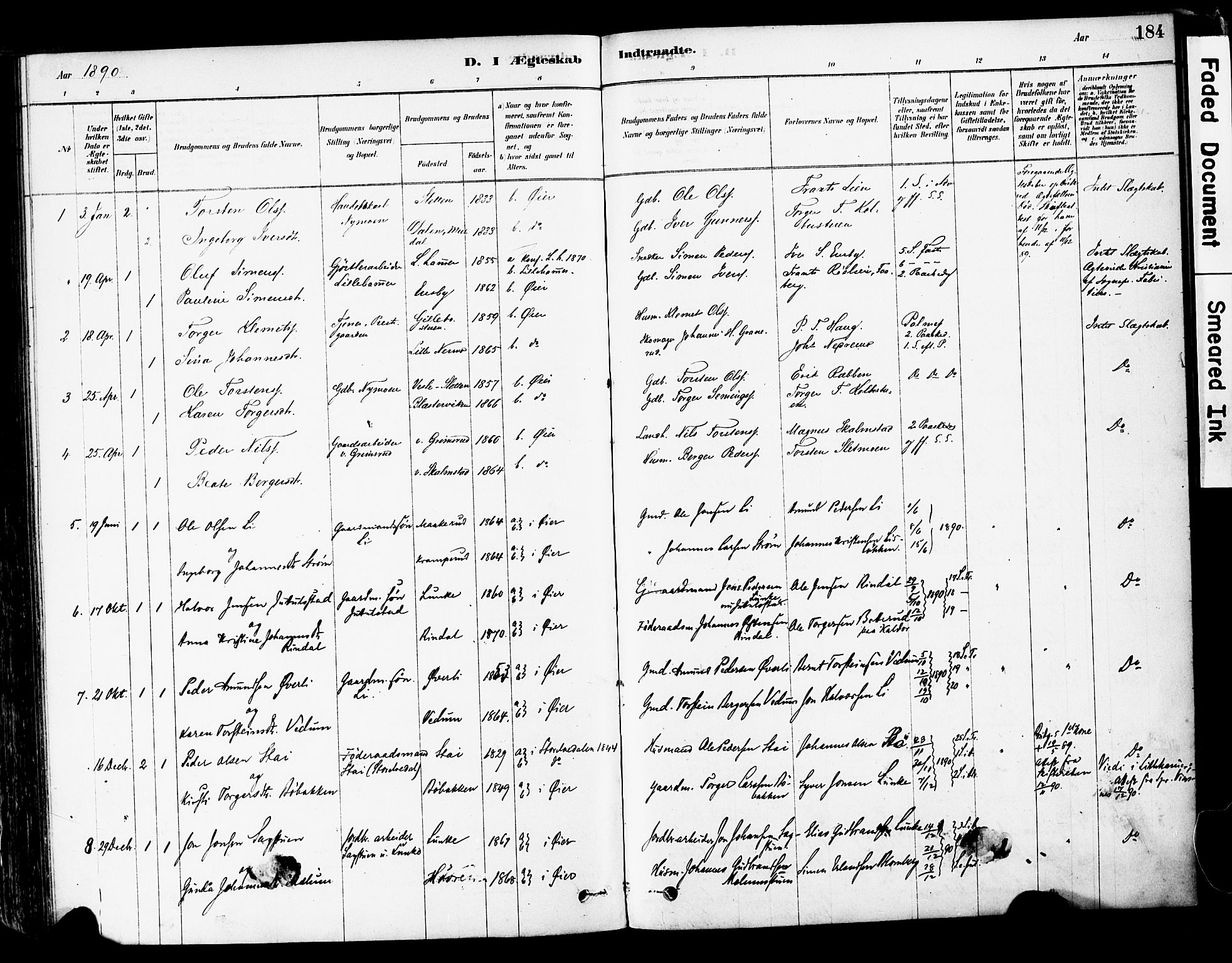 Øyer prestekontor, SAH/PREST-084/H/Ha/Haa/L0008: Parish register (official) no. 8, 1878-1897, p. 184