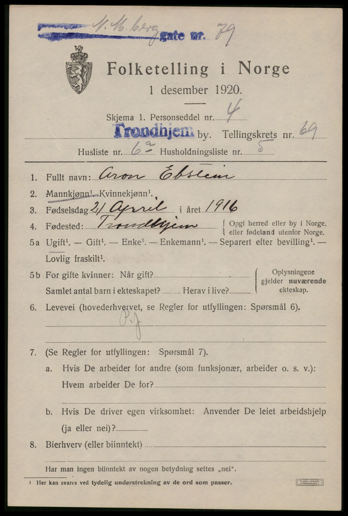 SAT, 1920 census for Trondheim, 1920, p. 136454