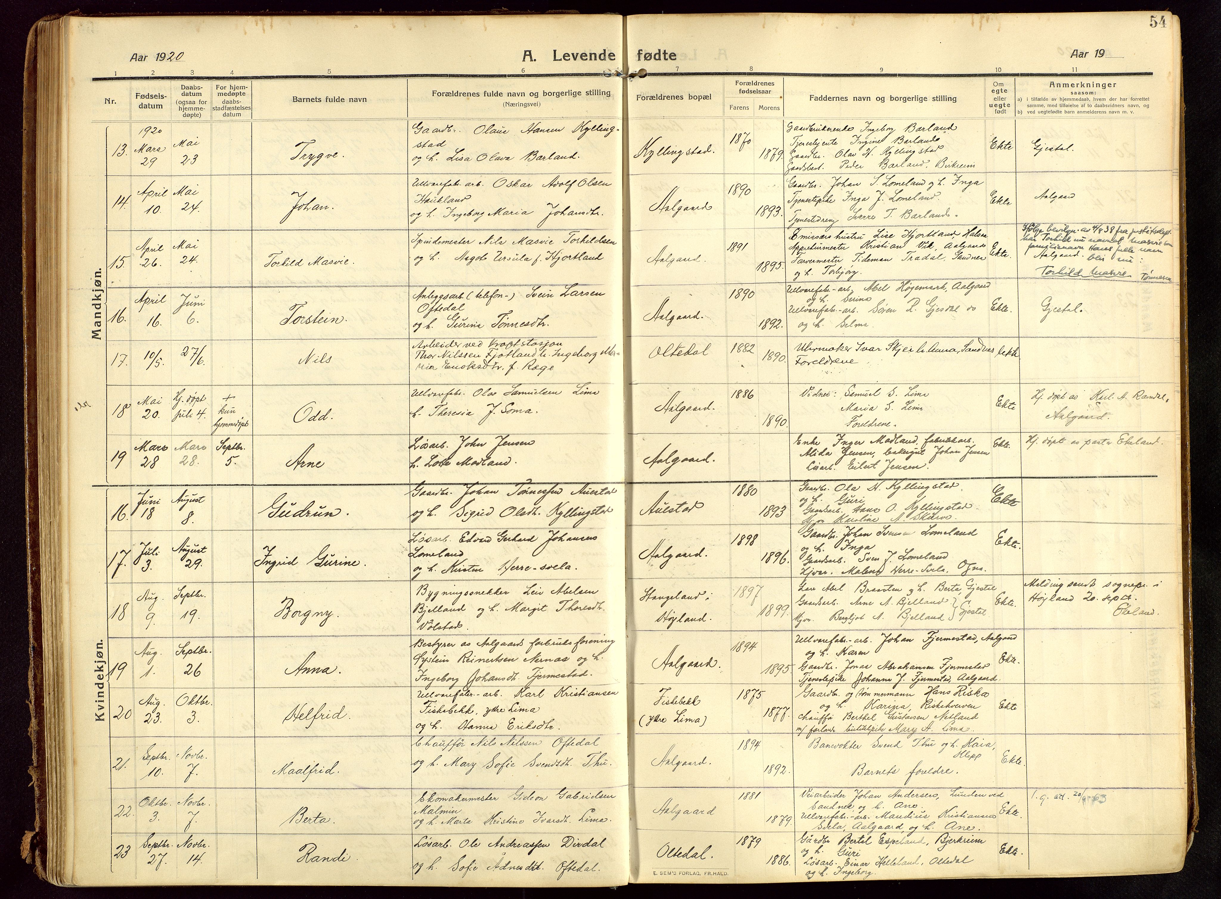 Lye sokneprestkontor, AV/SAST-A-101794/002/B/L0001: Parish register (official) no. A 13, 1910-1925, p. 54