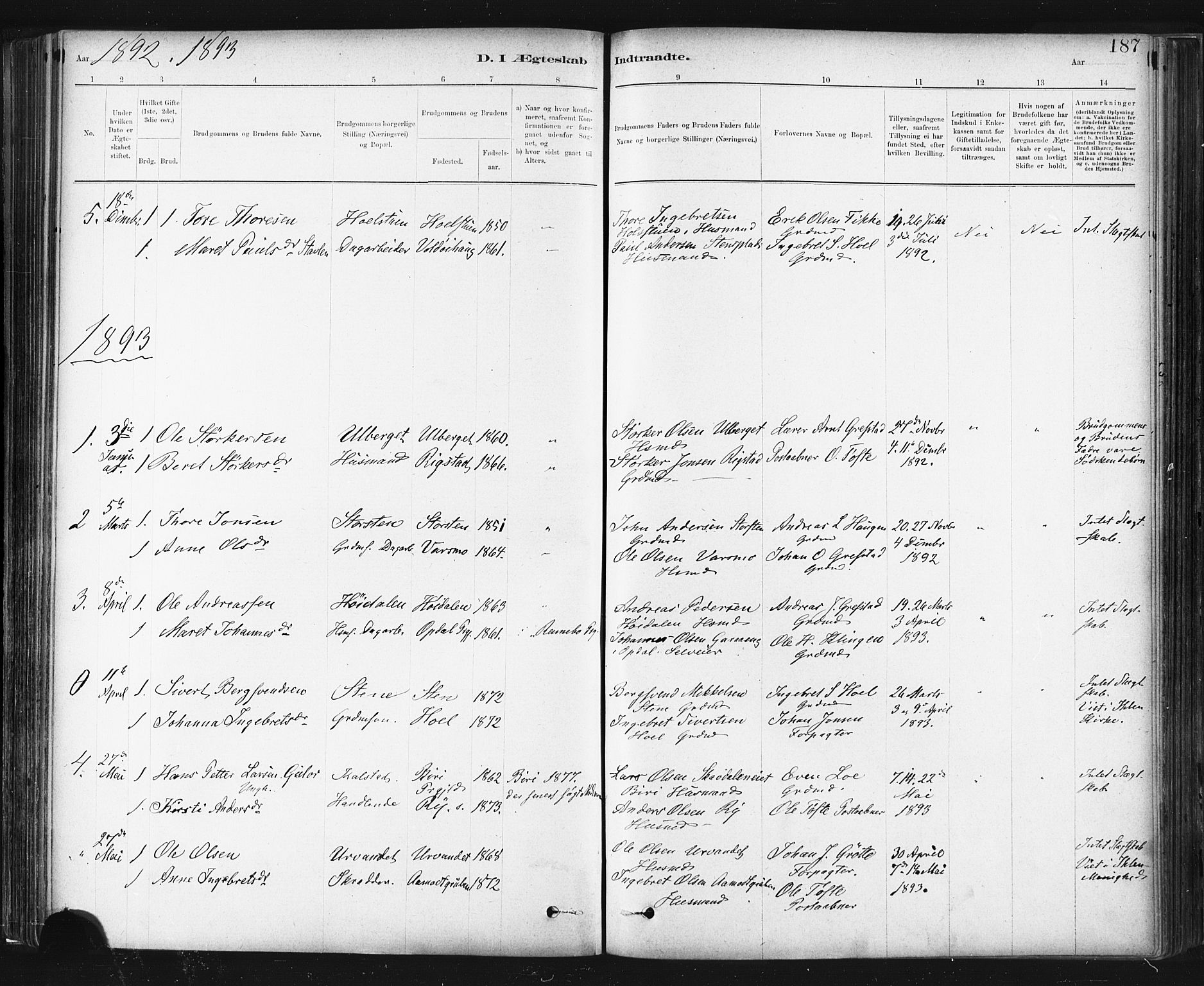 Ministerialprotokoller, klokkerbøker og fødselsregistre - Sør-Trøndelag, AV/SAT-A-1456/672/L0857: Parish register (official) no. 672A09, 1882-1893, p. 187