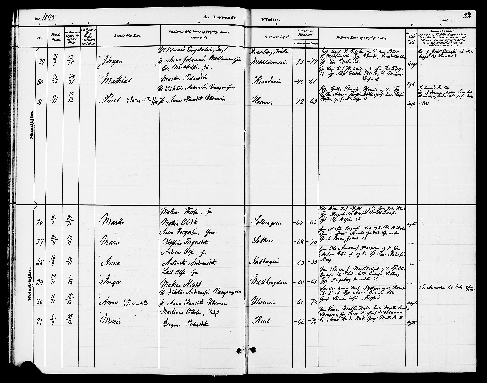 Ringsaker prestekontor, SAH/PREST-014/L/La/L0013: Parish register (copy) no. 13, 1891-1904, p. 22