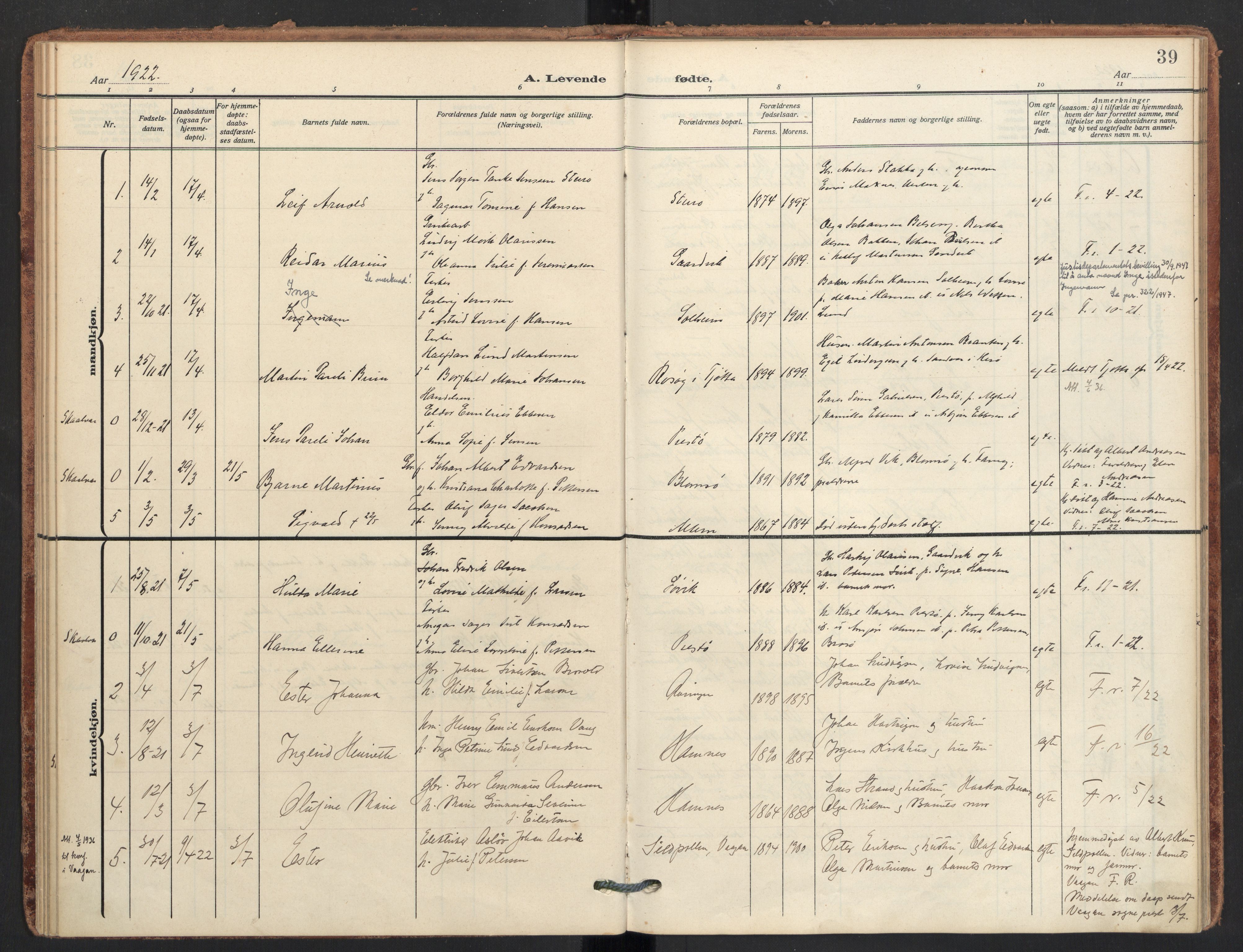 Ministerialprotokoller, klokkerbøker og fødselsregistre - Nordland, SAT/A-1459/830/L0455: Parish register (official) no. 830A19, 1912-1942, p. 39