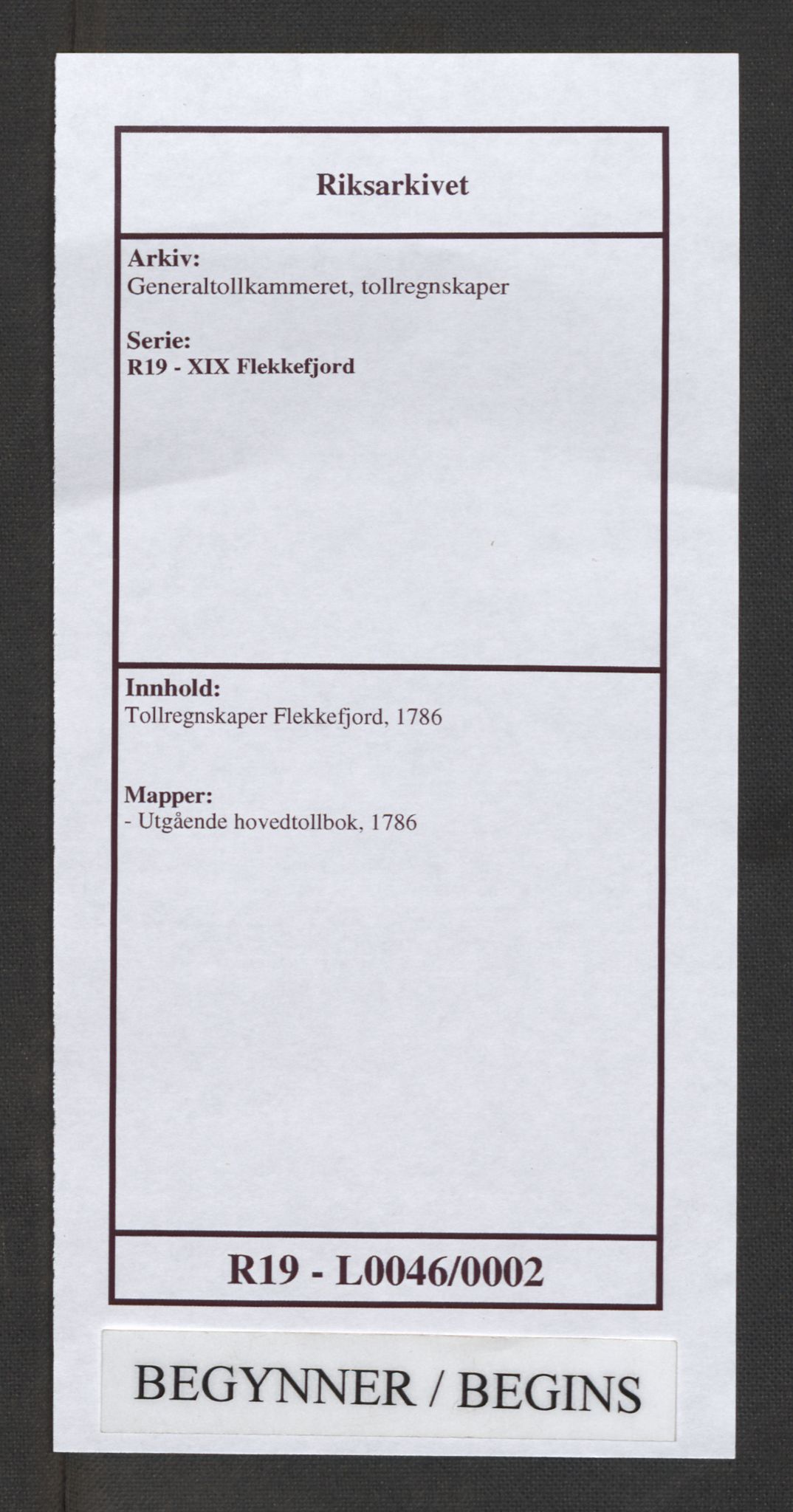 Generaltollkammeret, tollregnskaper, AV/RA-EA-5490/R19/L0046/0002: Tollregnskaper Flekkefjord / Utgående hovedtollbok, 1786