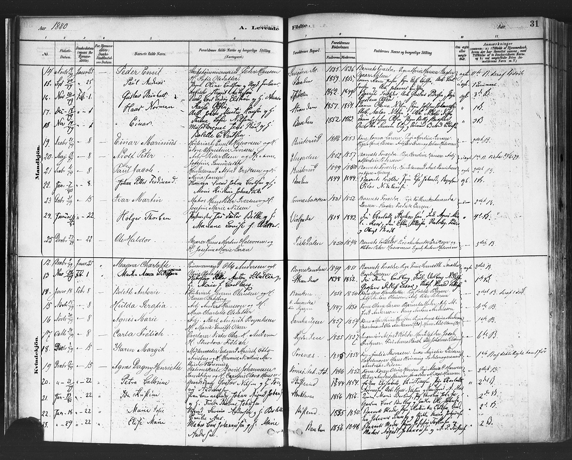 Halden prestekontor Kirkebøker, SAO/A-10909/F/Fa/L0011: Parish register (official) no. I 11, 1878-1889, p. 31