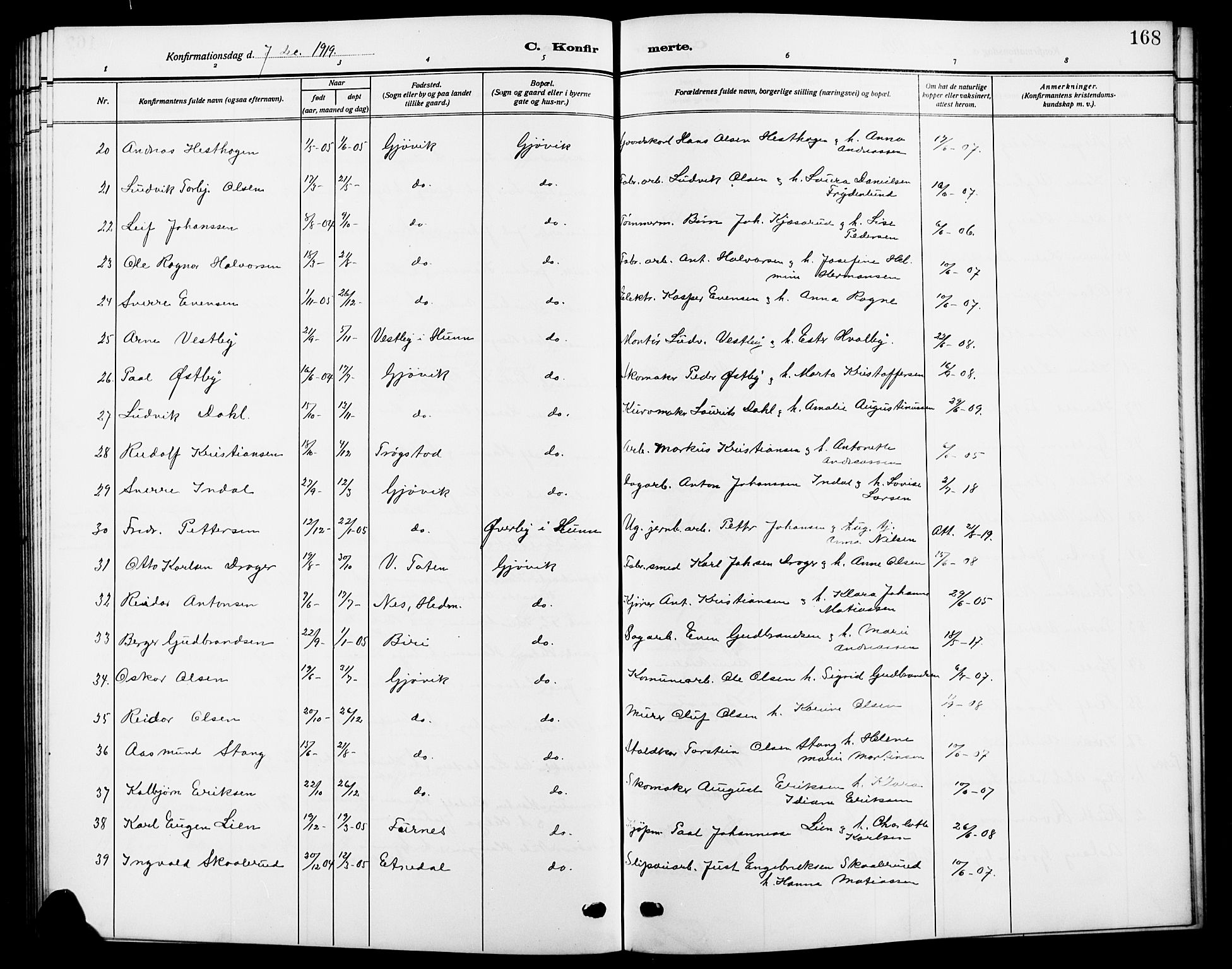 Vardal prestekontor, SAH/PREST-100/H/Ha/Hab/L0014: Parish register (copy) no. 14, 1911-1922, p. 168