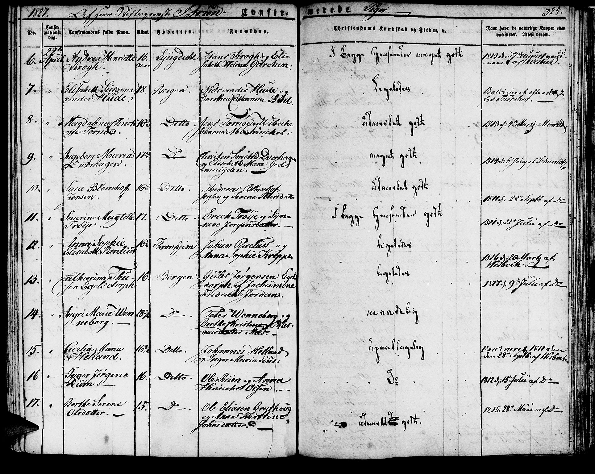 Domkirken sokneprestembete, SAB/A-74801/H/Haa/L0012: Parish register (official) no. A 12, 1821-1840, p. 325