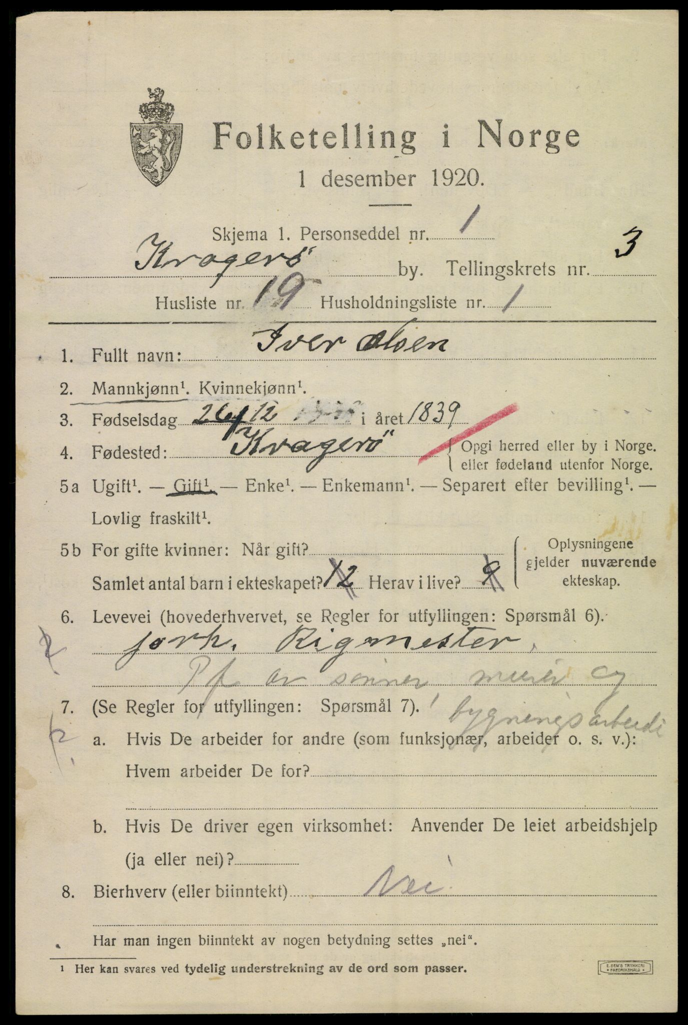 SAKO, 1920 census for Kragerø, 1920, p. 7277