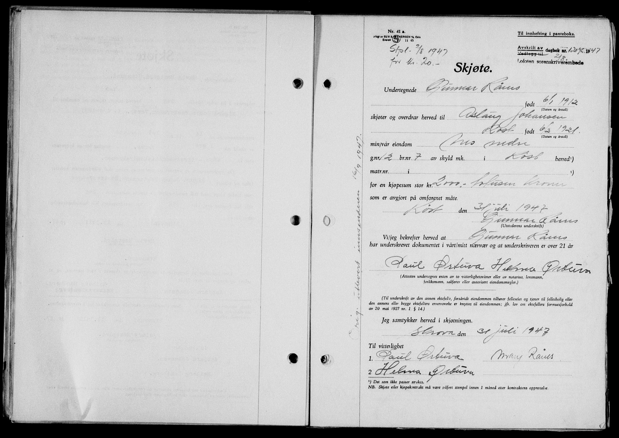 Lofoten sorenskriveri, SAT/A-0017/1/2/2C/L0016a: Mortgage book no. 16a, 1947-1947, Diary no: : 1209/1947