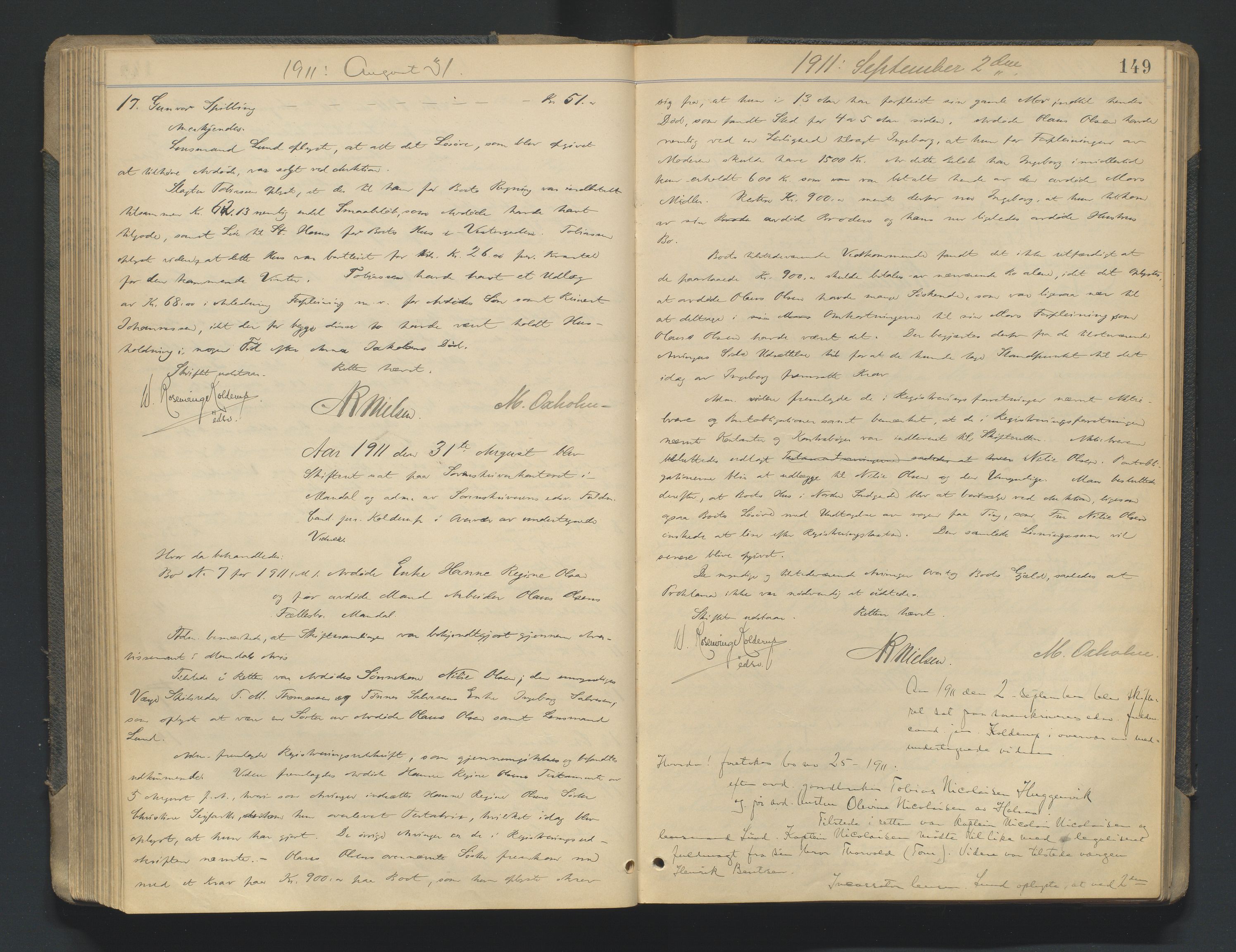 Mandal sorenskriveri, AV/SAK-1221-0005/001/H/Hc/L0081: Skifteforhandlingsprotokoll nr 13, 1909-1913, p. 149