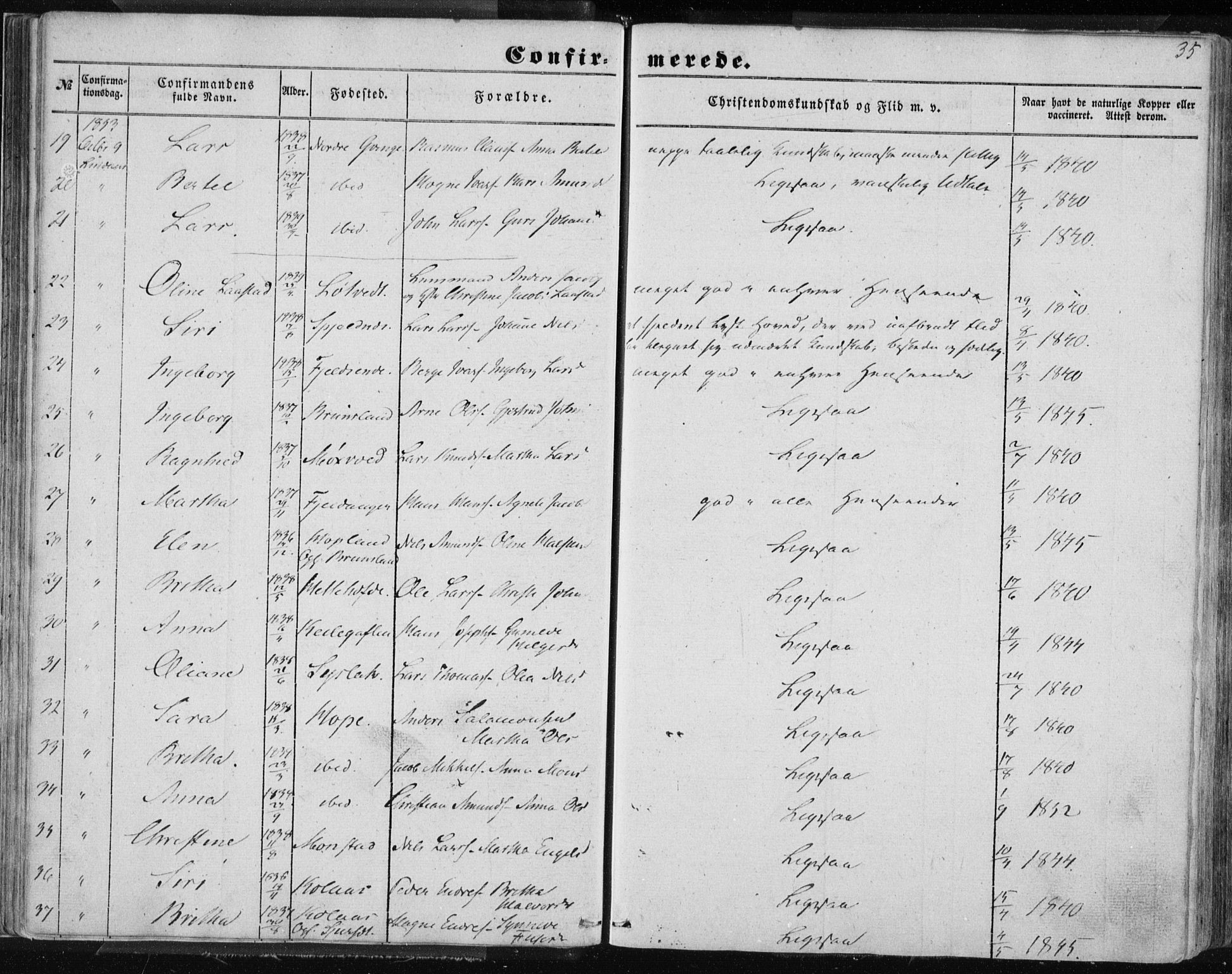 Lindås Sokneprestembete, AV/SAB-A-76701/H/Haa/Haaa/L0013: Parish register (official) no. A 13, 1848-1862, p. 35