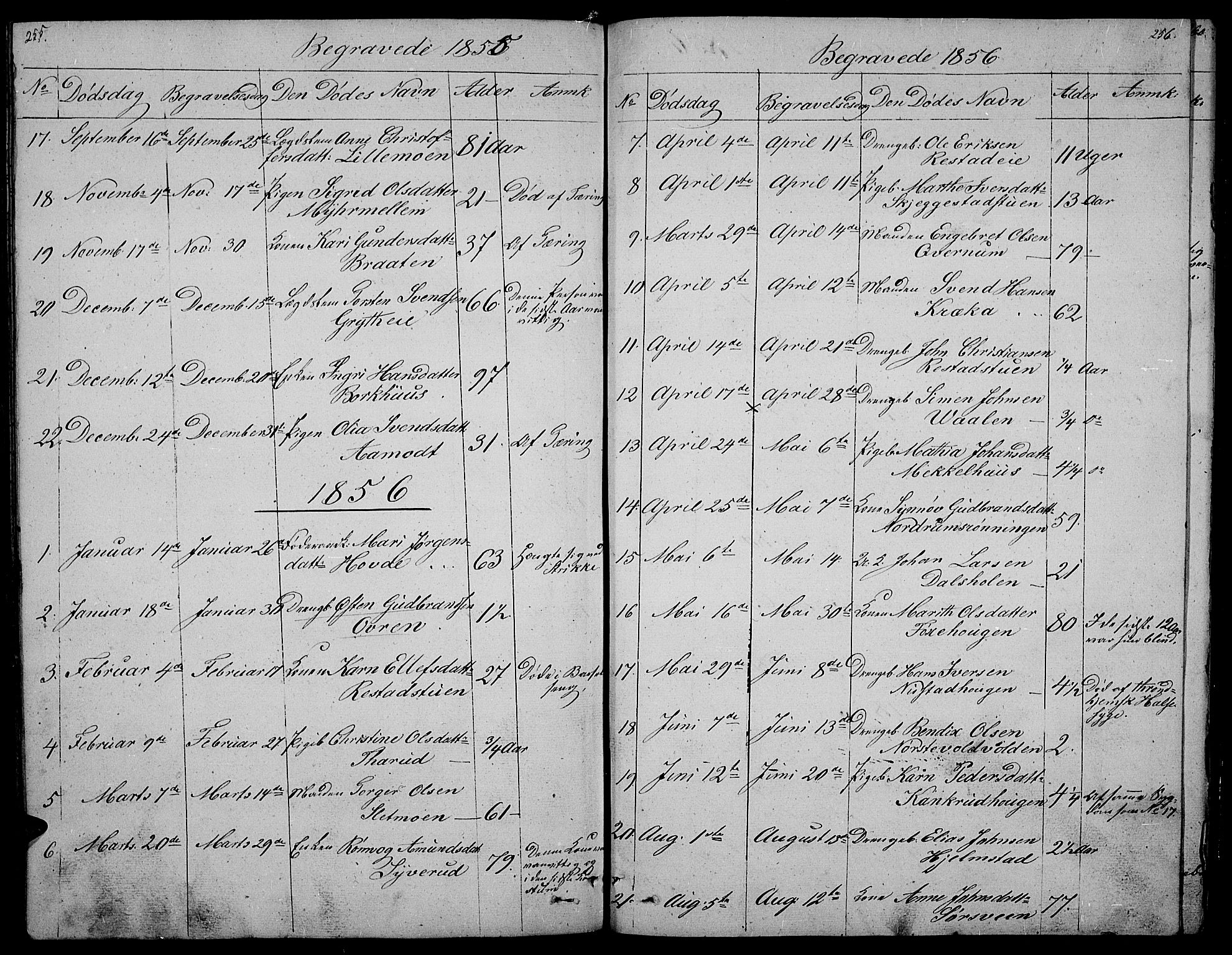 Gausdal prestekontor, SAH/PREST-090/H/Ha/Hab/L0003: Parish register (copy) no. 3, 1829-1864, p. 255-256