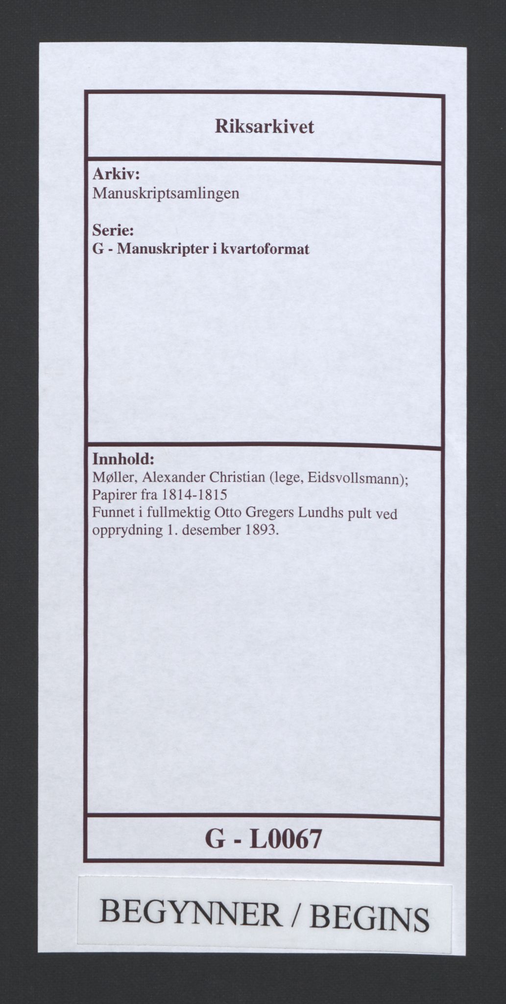 Manuskriptsamlingen, AV/RA-EA-3667/G/L0067: Møller, Alexander Christian (lege, Eidsvollsmann); Papirer fra 1814-1815, 1814-1815, p. 1